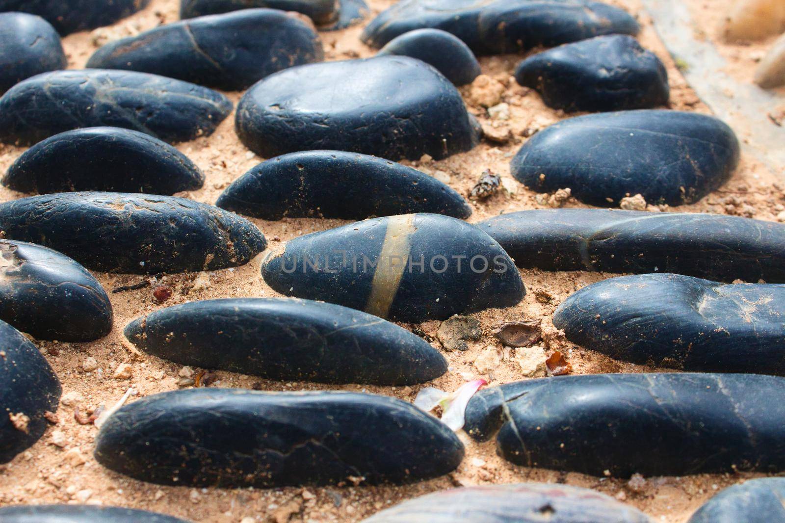 Blue black polished river stones inset in a mosaic pattern on a walkway