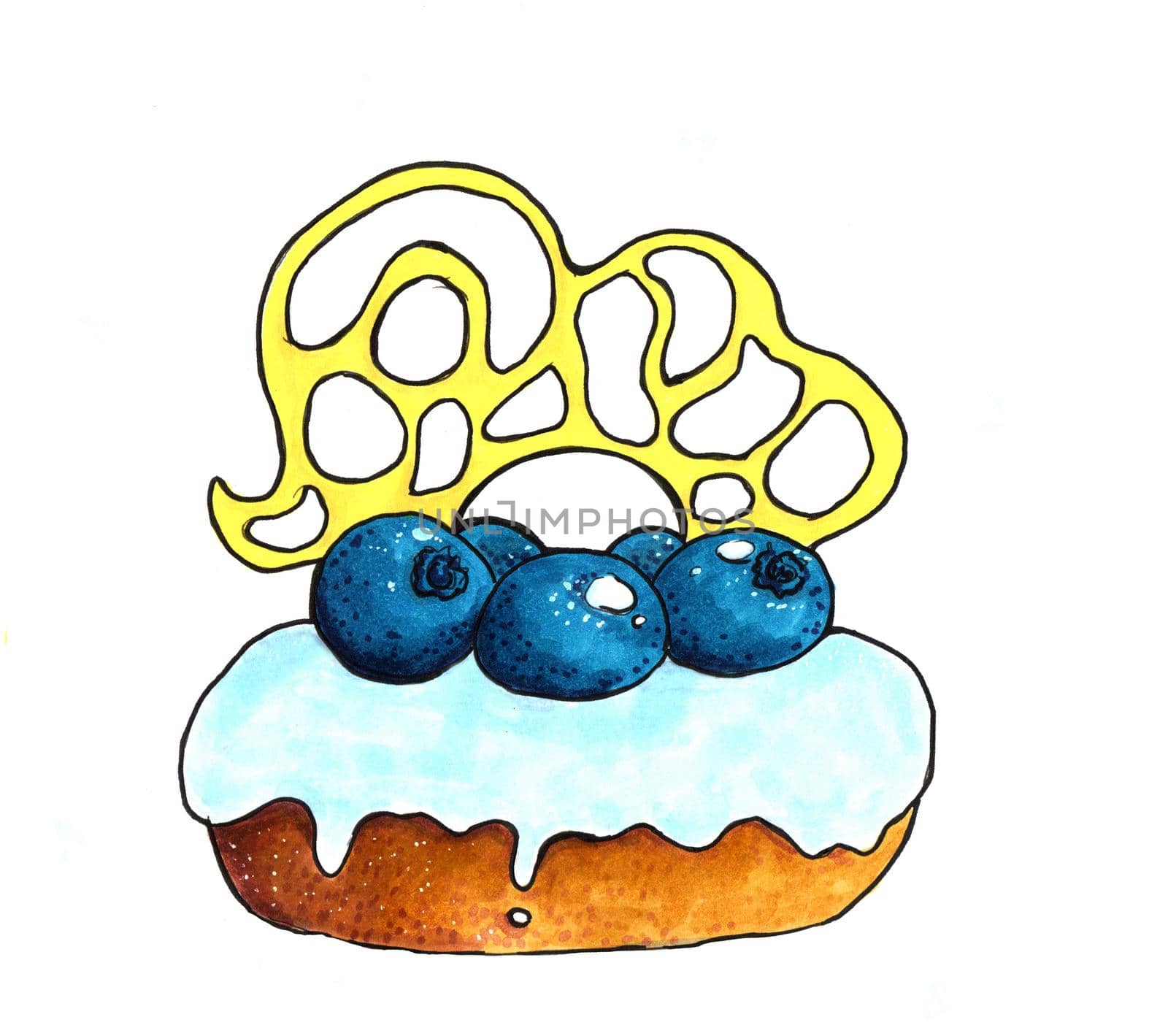 Donut cake with blue blueberry and blueberry icing and caramel decoration. Hand-drawn with alcohol markers