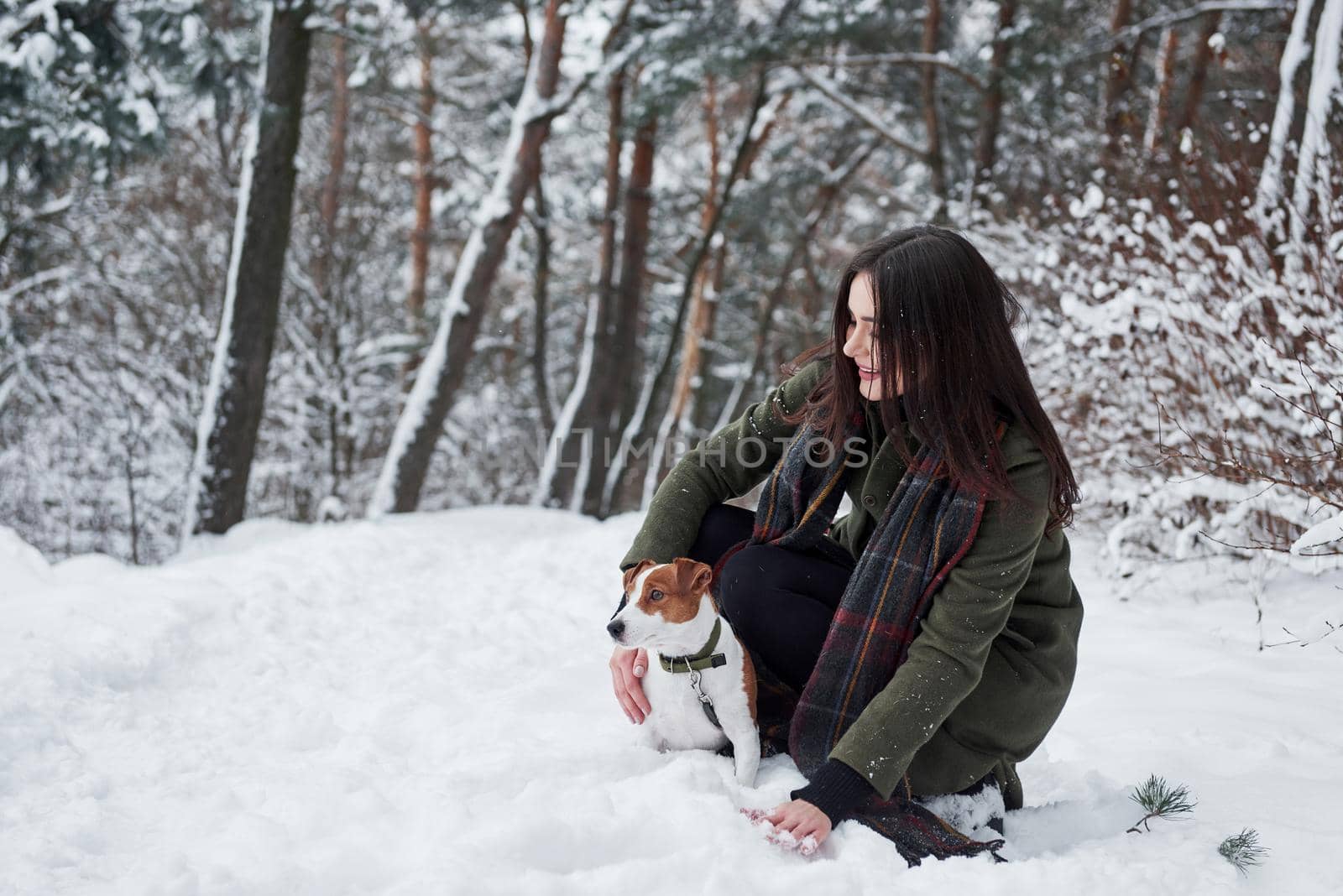 Hand and scarf touching the snow. Smiling brunette having fun while walking with her dog in the winter park.