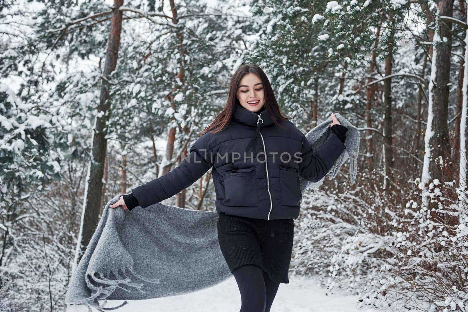 Walking forward. Portrait of charming woman in the black jacket and grey scarf in the winter forest.