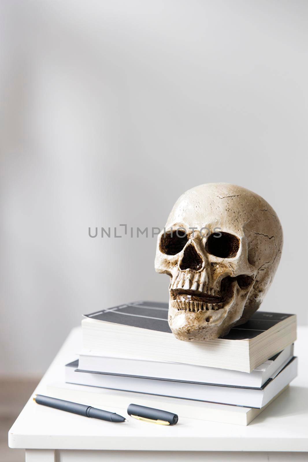 Pile of the book with a human plastic skull is over white background