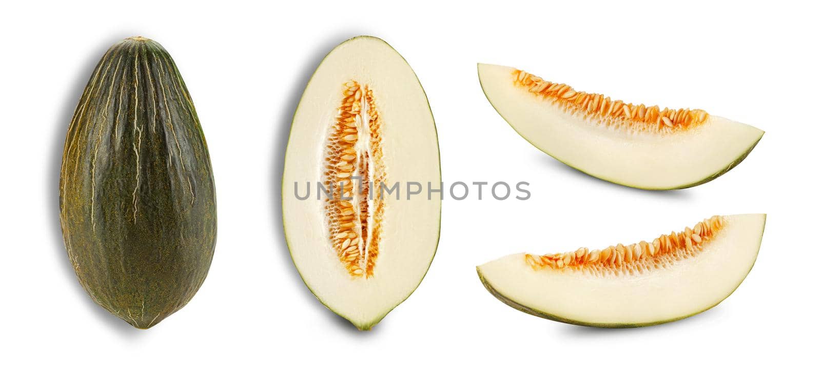 Delicious green tendral melon in cross-section, isolated on white background with copy space for text or images. Side view. Close-up shot. by nazarovsergey