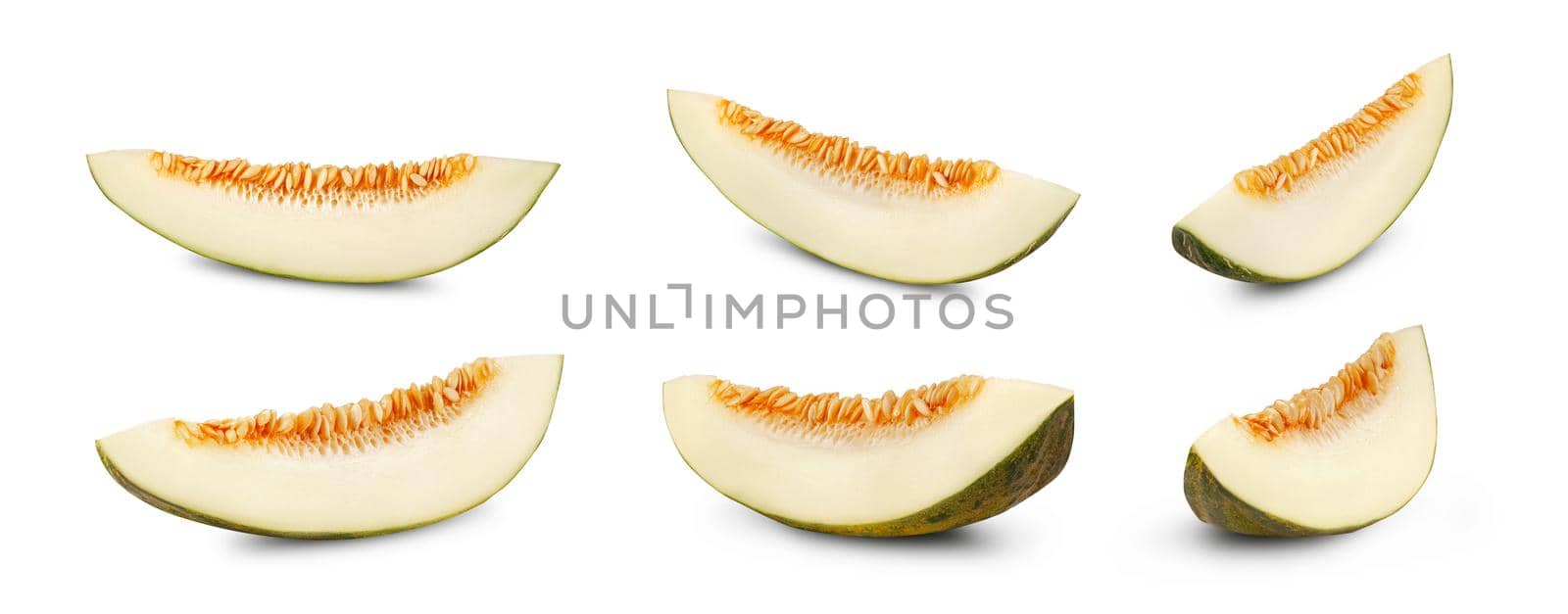 Six slices of delicious green tendral melons in a cross-section, isolated on white background with copy space for text or images. Sweet flesh with seeds. Pumpkin plant family. Side view. Close-up shot.