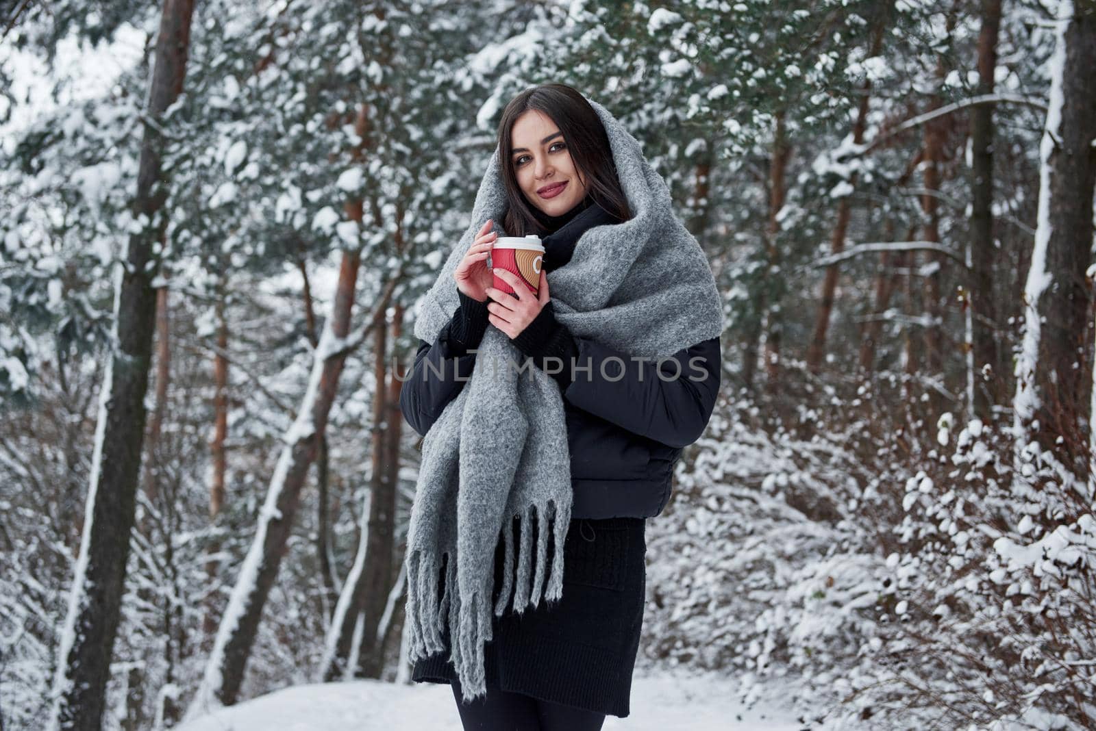 Looking into the camera. Girl in warm clothes with cup of coffee have a walk in the winter forest by Standret