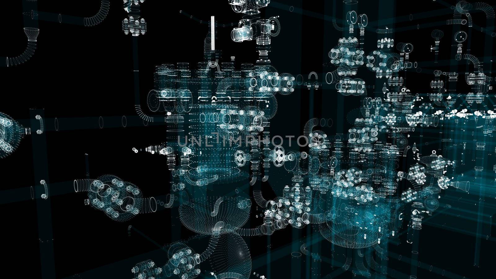 Industrial Technology Concept. Particle hologram industrial equipment, valves, pipes and sensors. Industry 4.0 High Tech Concept. 3d illustration