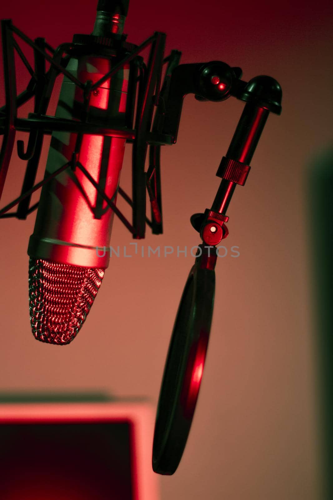 Professional microphone suspended in the air of professional studio