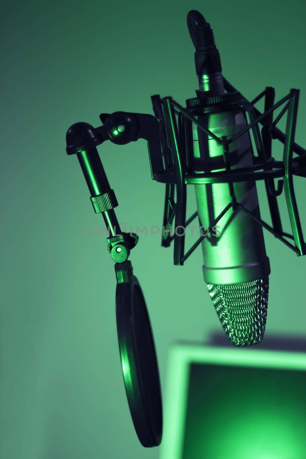 Professional microphone suspended in the air of professional studio