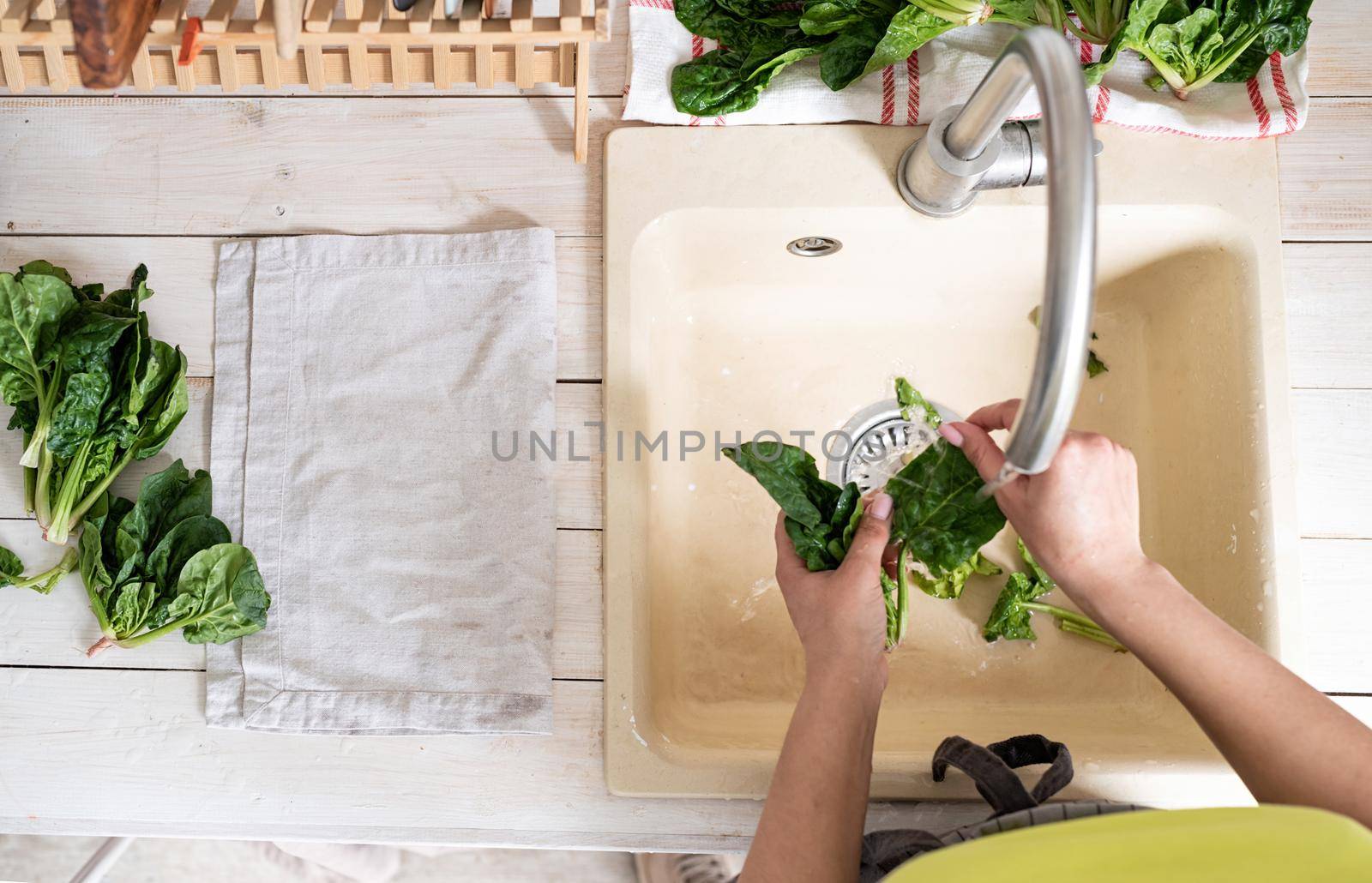 Preparing healthy foods. Healthy eating and dieting. Young smiling woman in home clothes washing spinash in the kitchen