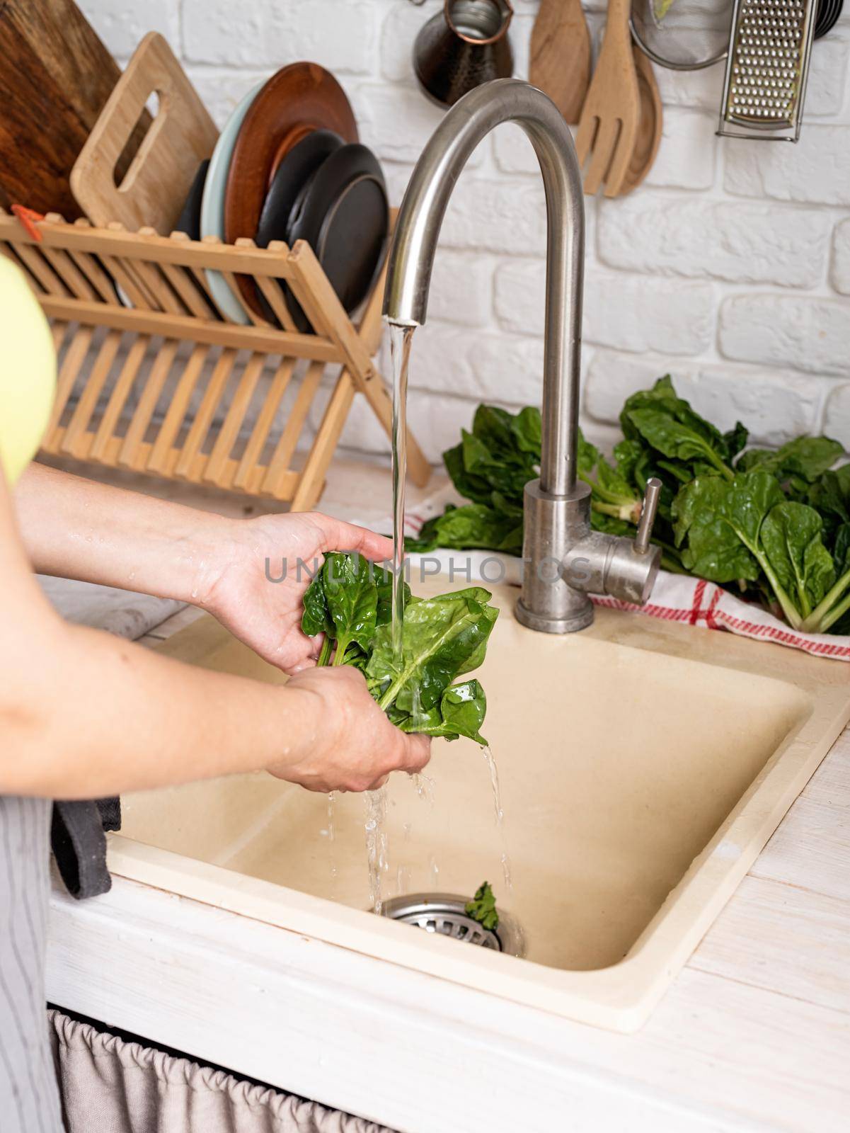 Preparing healthy foods. Healthy eating and dieting. Young smiling woman in home clothes washing spinash in the kitchen