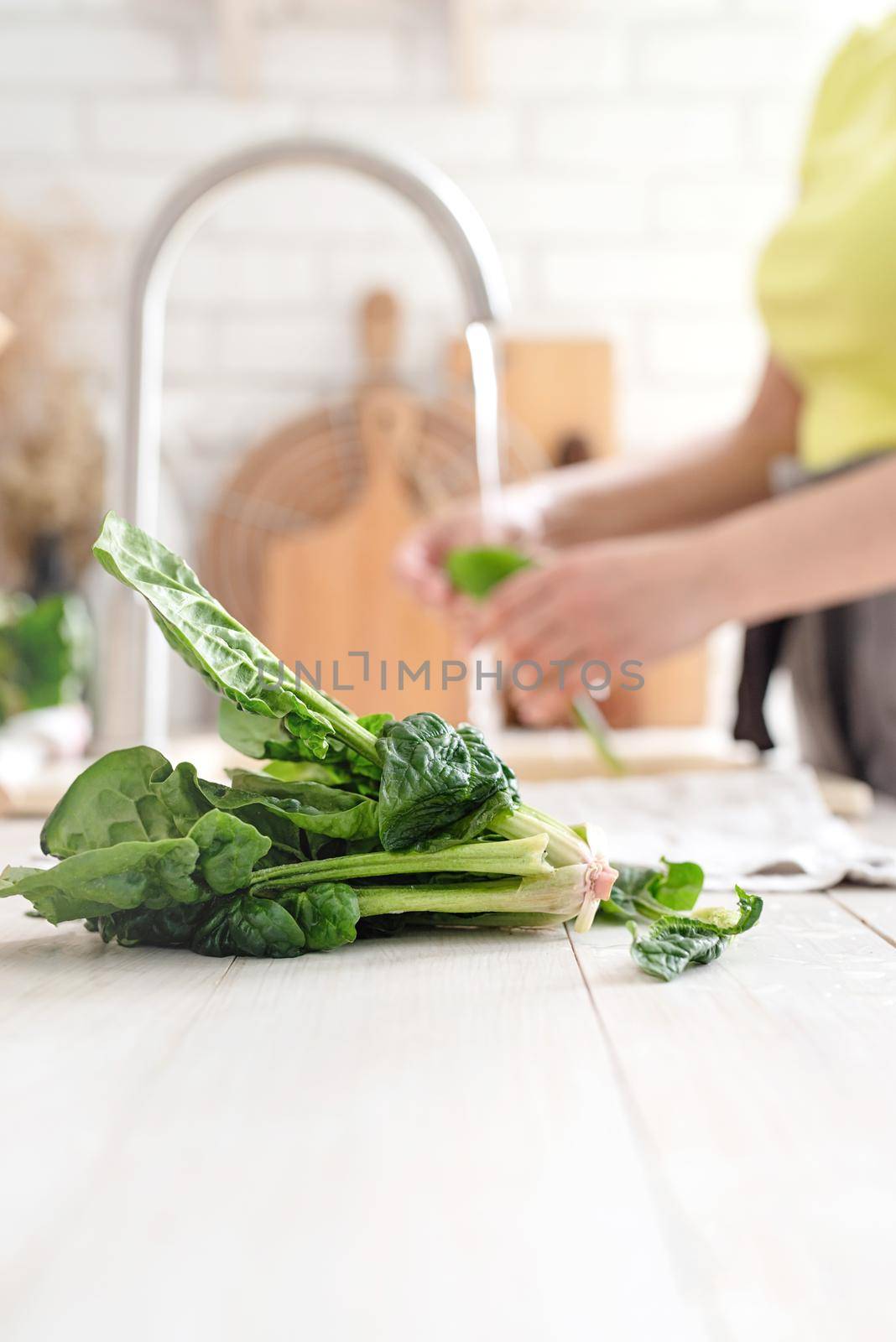 Preparing healthy foods. Healthy eating and dieting. Young smiling woman in home clothes washing spinash in the kitchen. Closeup of spinach
