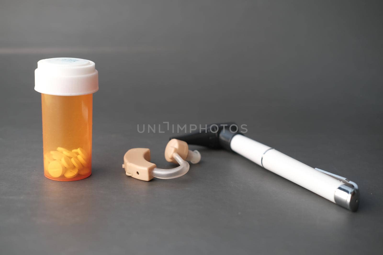 Hearing aid equipment on table close up .