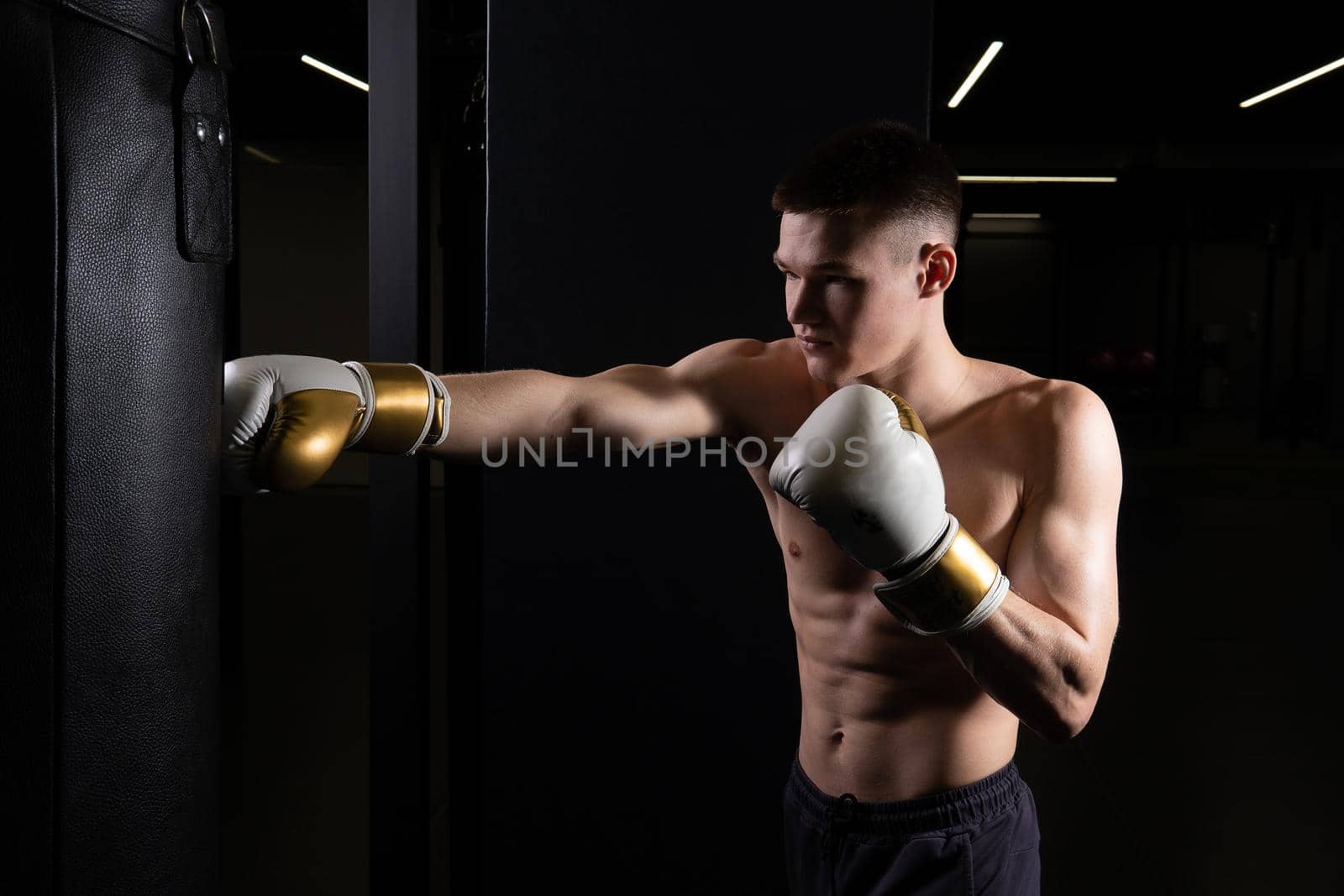Blows boxer The practices bag athlete the glove black young male competition, In the afternoon muscular muscle from sport from fist competitive, studio aggression. Backlit active dark,