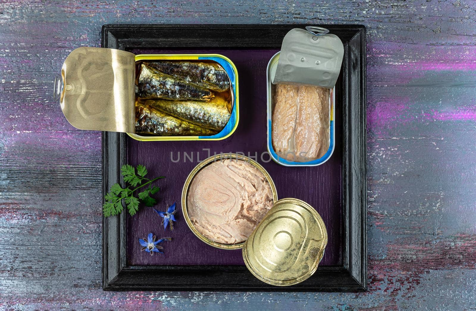 Various canned fish and seafood in a metal cans. Wooden background. Top view