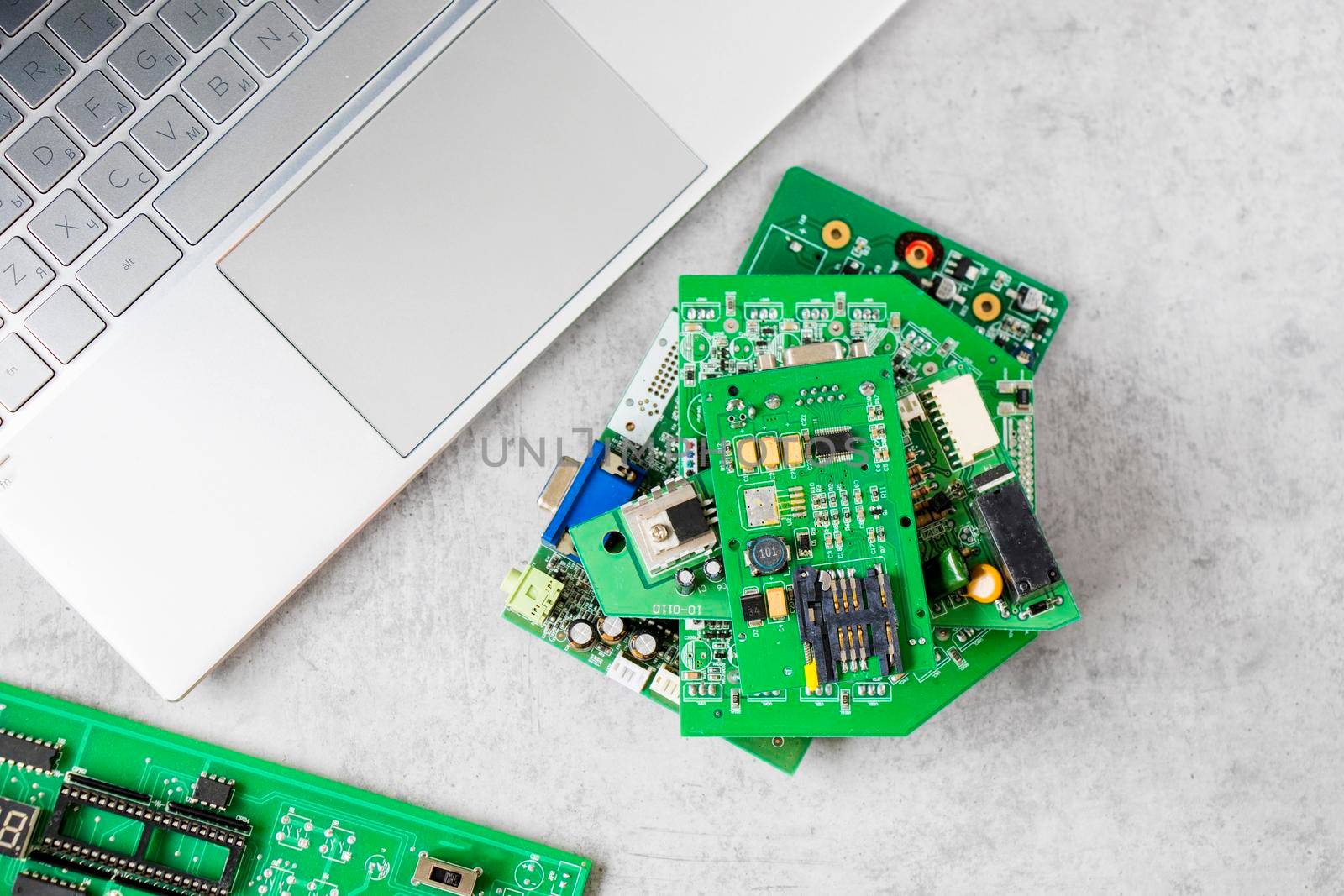 Electronic motherboard, isometric processor microchip, motherboard parts and laptop notebook , digital communication, people and technologies, digital life