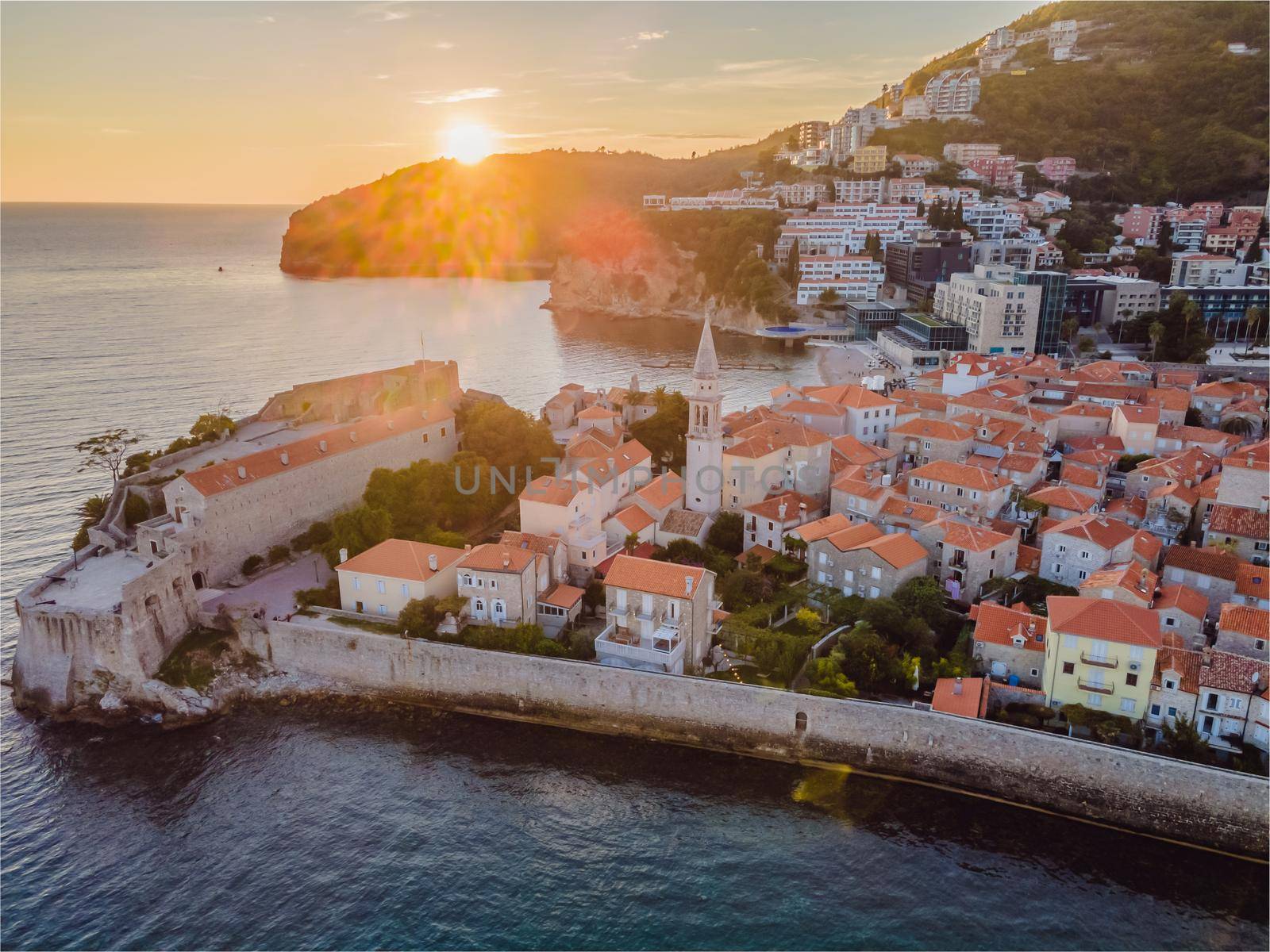 Old town in Budva in a beautiful summer day, Montenegro. Aerial image. Top view by galitskaya