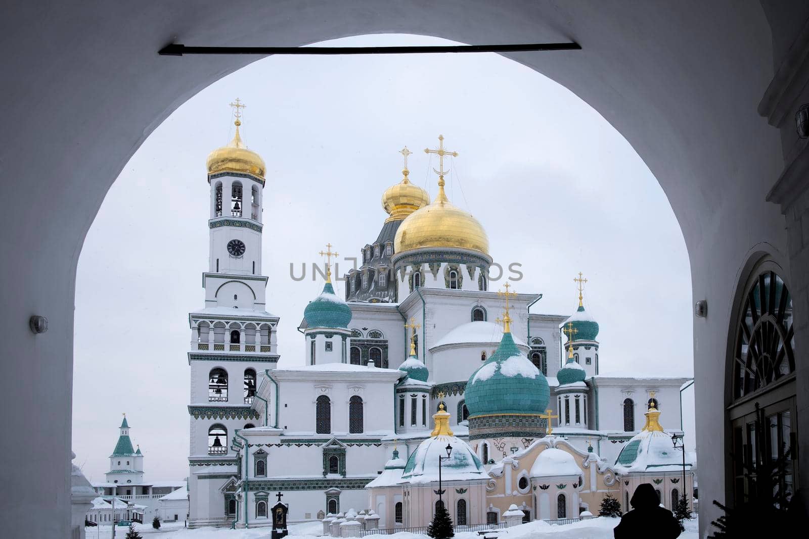 ISTRA, RUSSIA - January 16, 2022, The Resurrection Cathedral of New Jerusalem Monastery was built according to the prototype - the Church of the Holy Sepulcher in Jerusalem. Snowfall