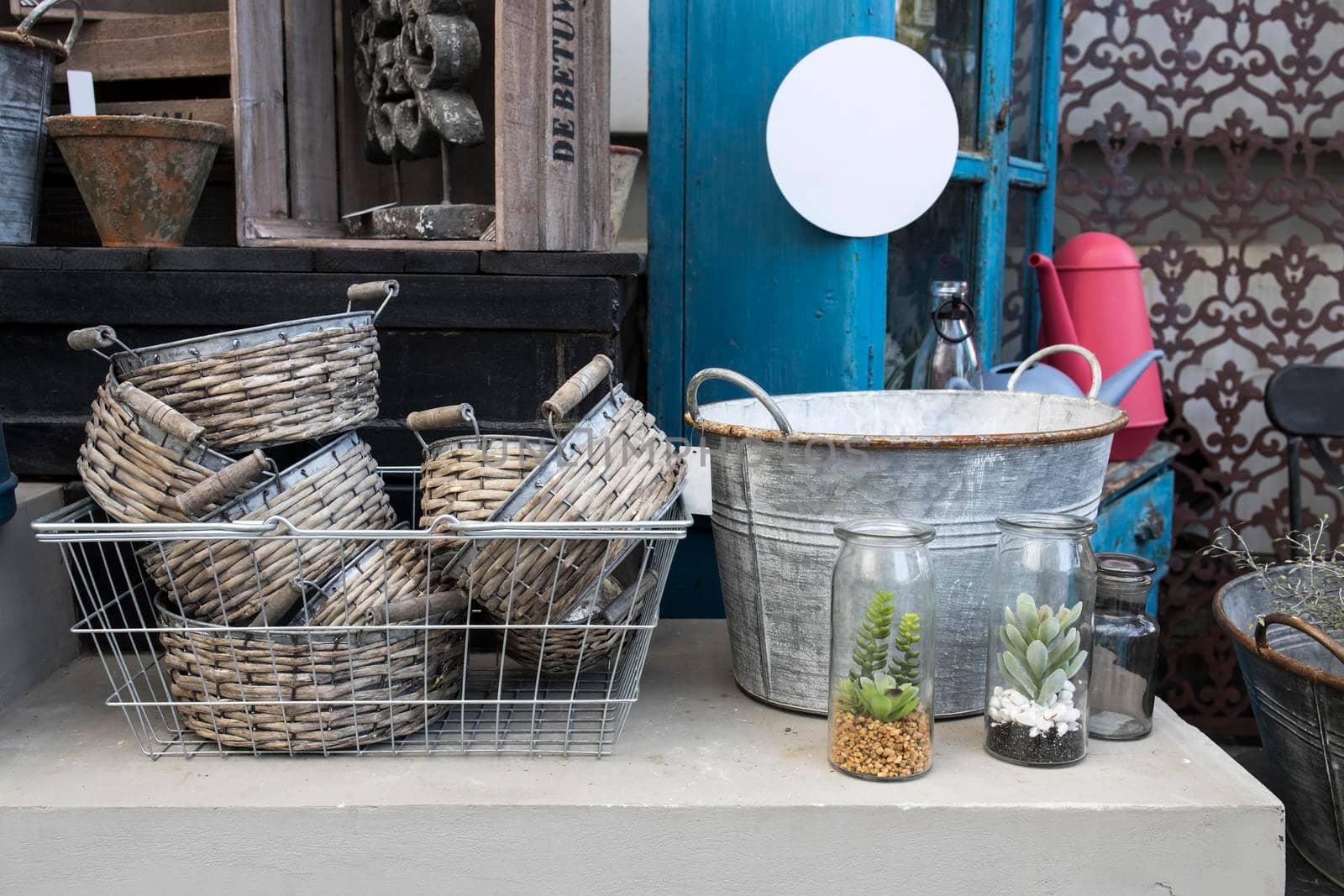 Moscow, Russia - 03 October 2021, Flea market. Things to decorate the garden and courtyard.