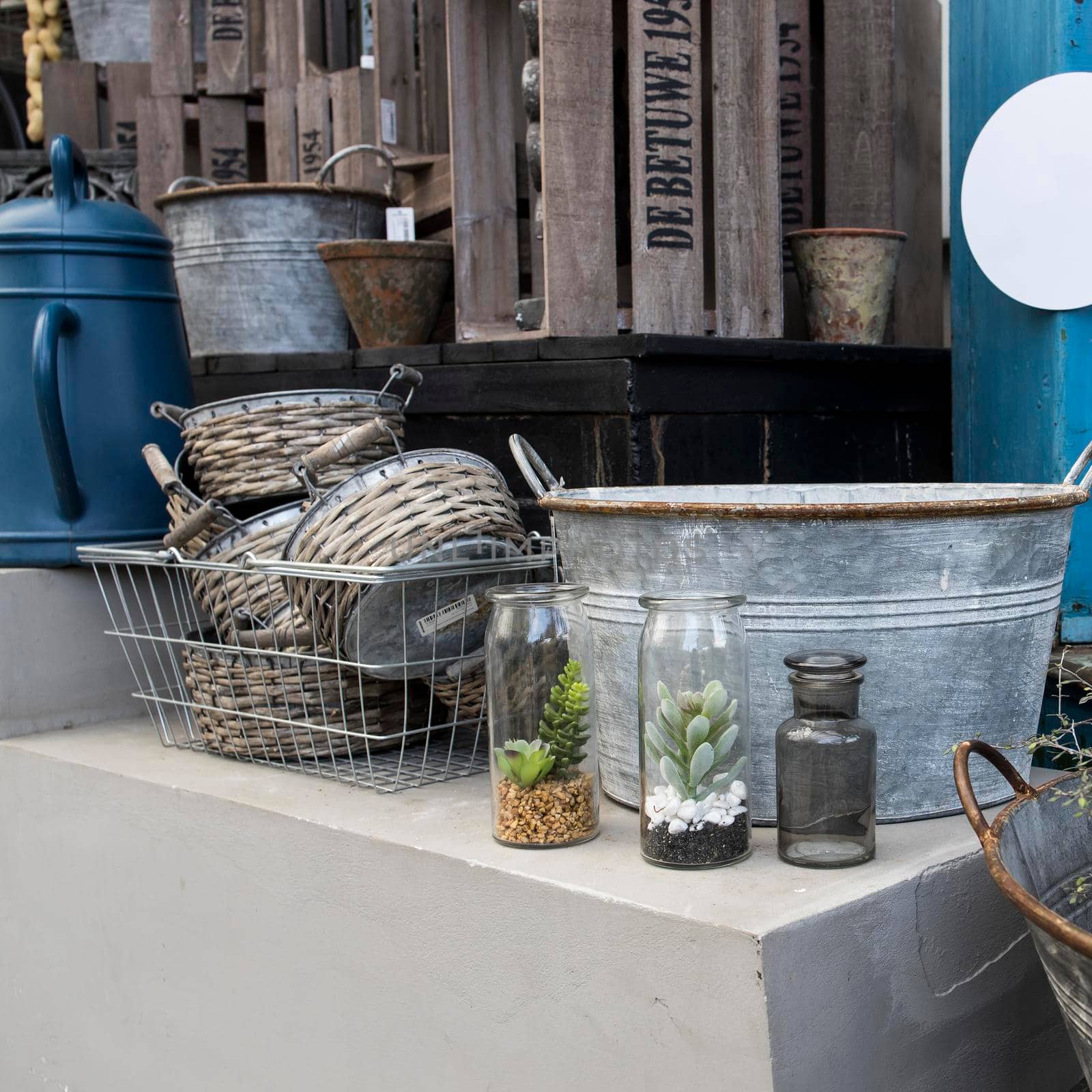 Moscow, Russia - 03 October 2021, Flea market. Things to decorate the garden and courtyard.