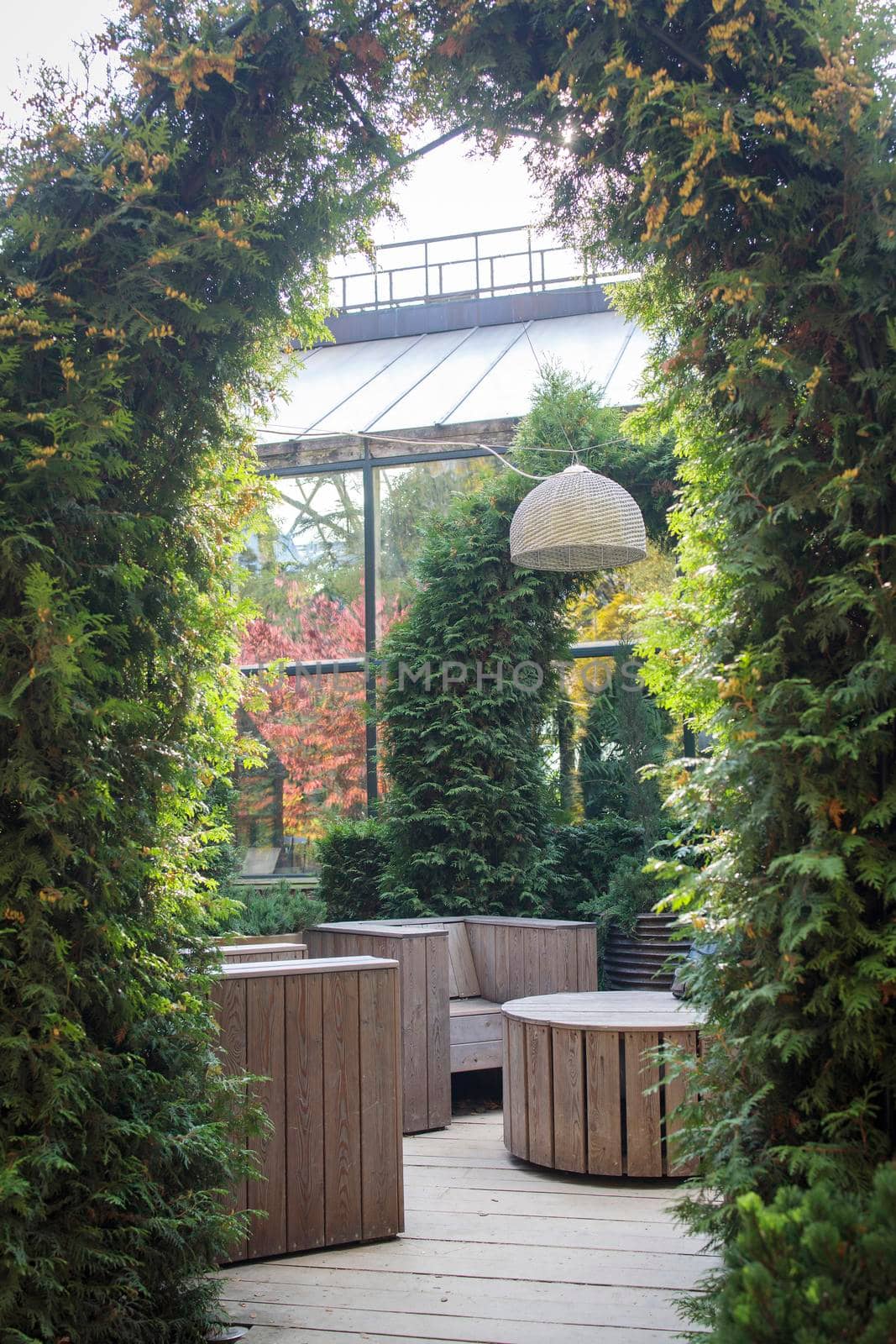 Gazebo in the garden. Arch of thuja branches. Wooden modern chairs and table. Shade.