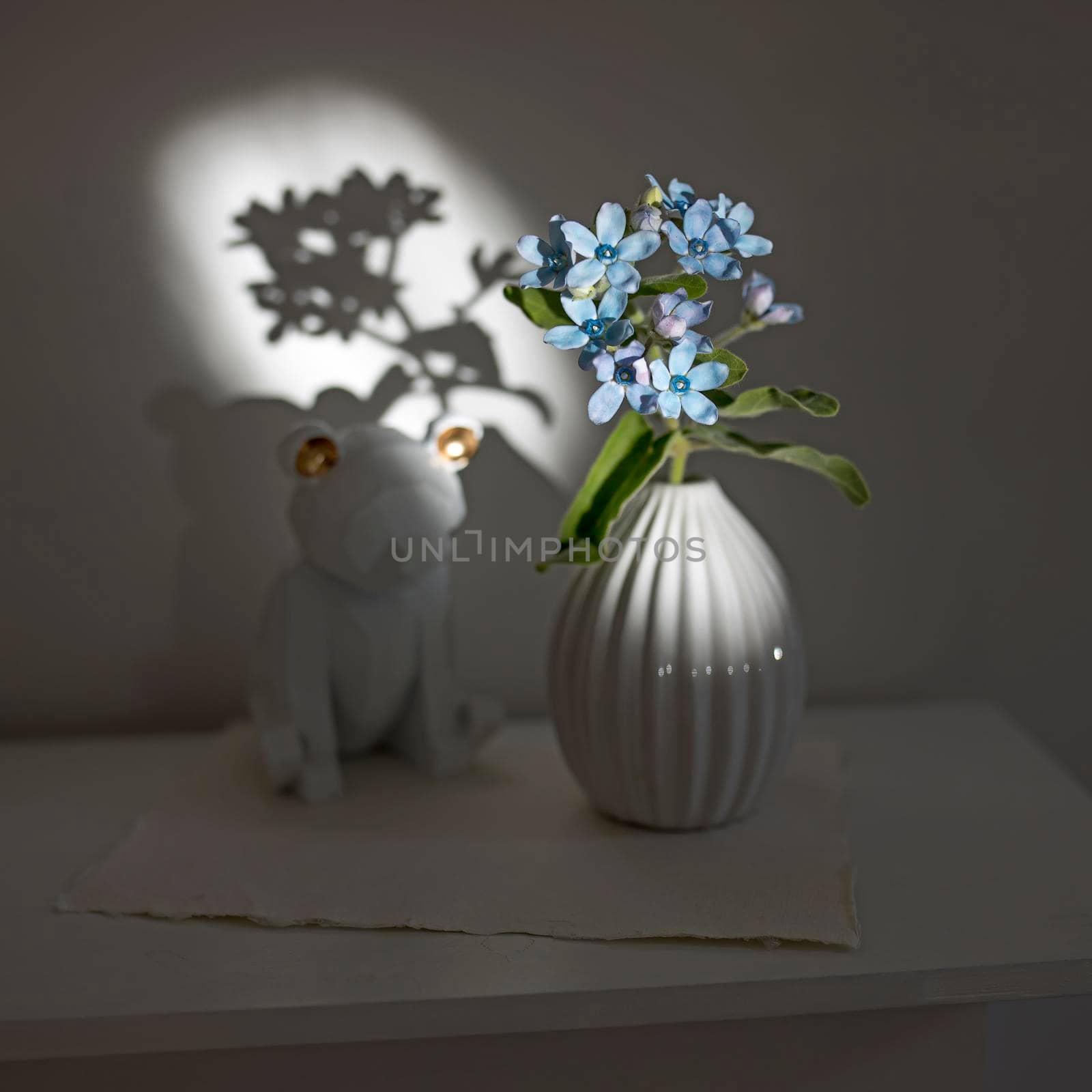 Flower hackelia velutina in a white fluted vase in the style of the seventies, a figurine of fox. Scandinavian style. Shadow