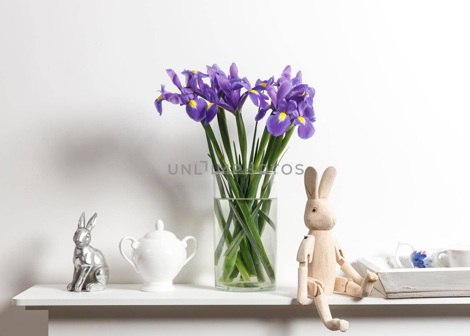 Violet Irises xiphium (Bulbous iris, sibirica) on white background with space for text. Top view, flat lay. Holiday greeting card for Valentine's Day, Woman's Day, Mother's Day, Easter!