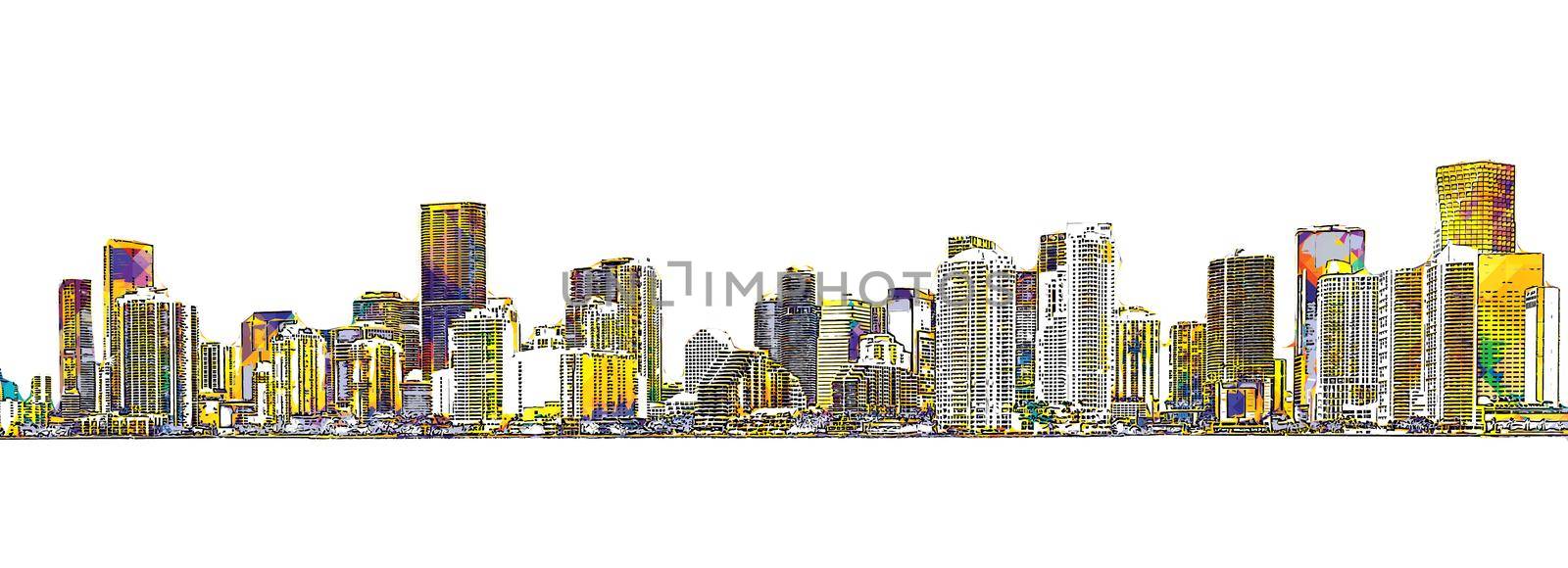 Pop art illustration of Miami Downtown skyline on white background