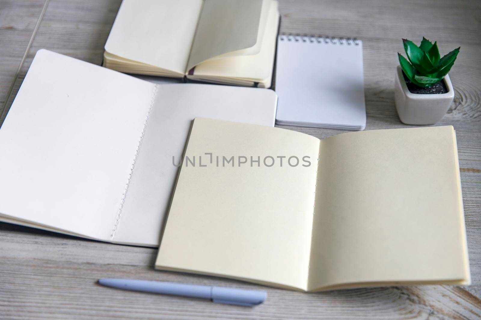 A lot of unused open notebooks are on the table. layout. Copy space by elenarostunova