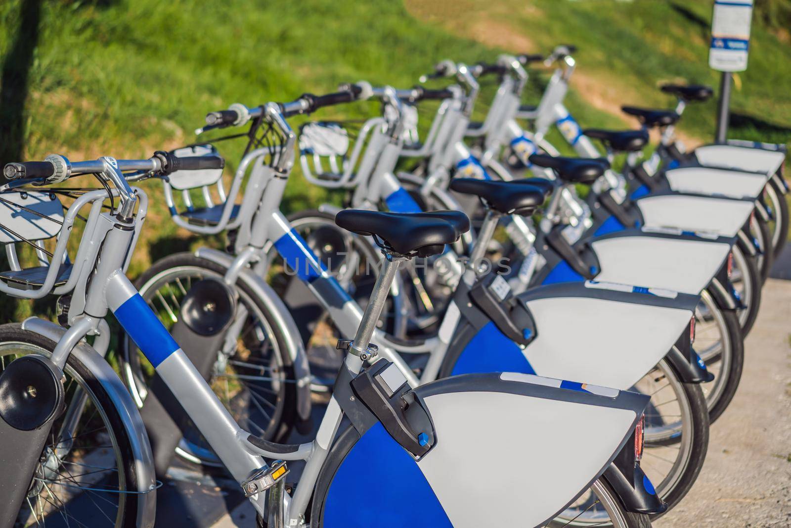 City bike parking. Bicycles for rent on city by galitskaya