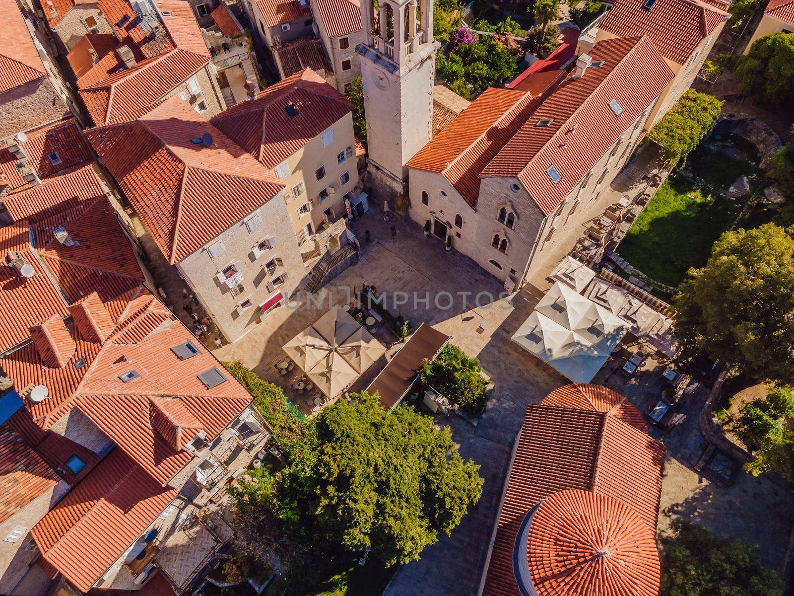 Old town in Budva in a beautiful summer day, Montenegro. Aerial image. Top view by galitskaya