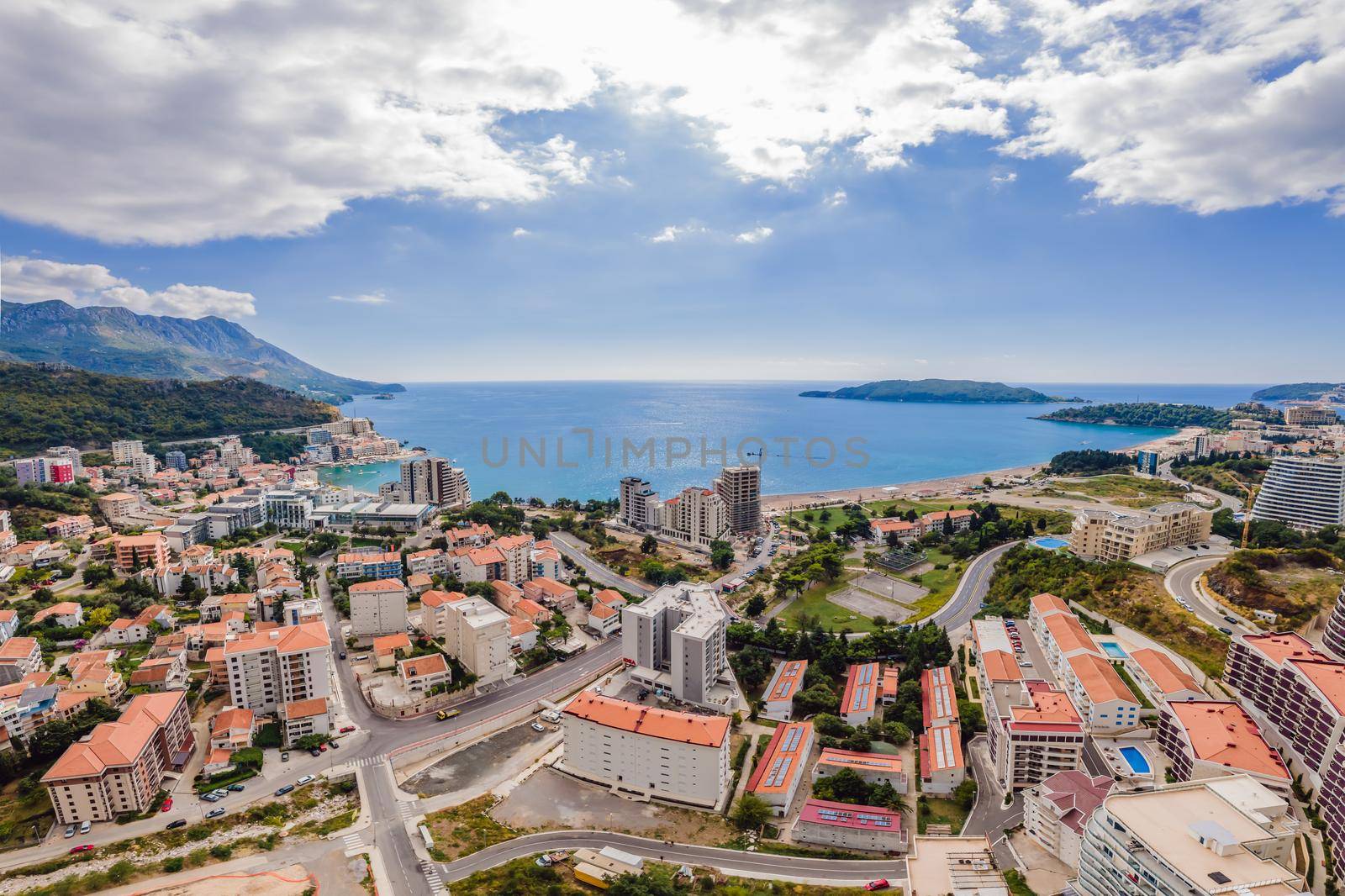 Aerophotography. View from flying drone. Panoramic cityscape of becici, Budva, Montenegro. Top View. Beautiful destinations by galitskaya