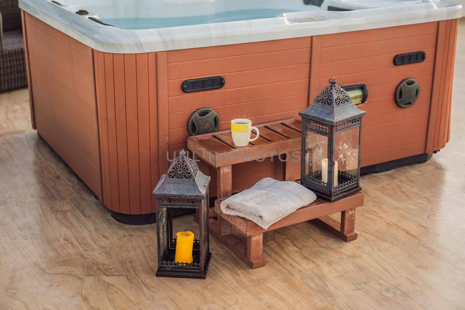 Hot tub with candles ready to take a bath. Valentines day concept.