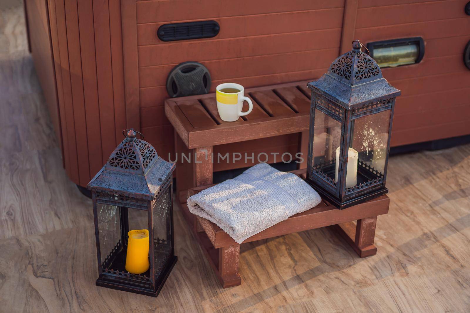 Hot tub with candles ready to take a bath. Valentines day concept.