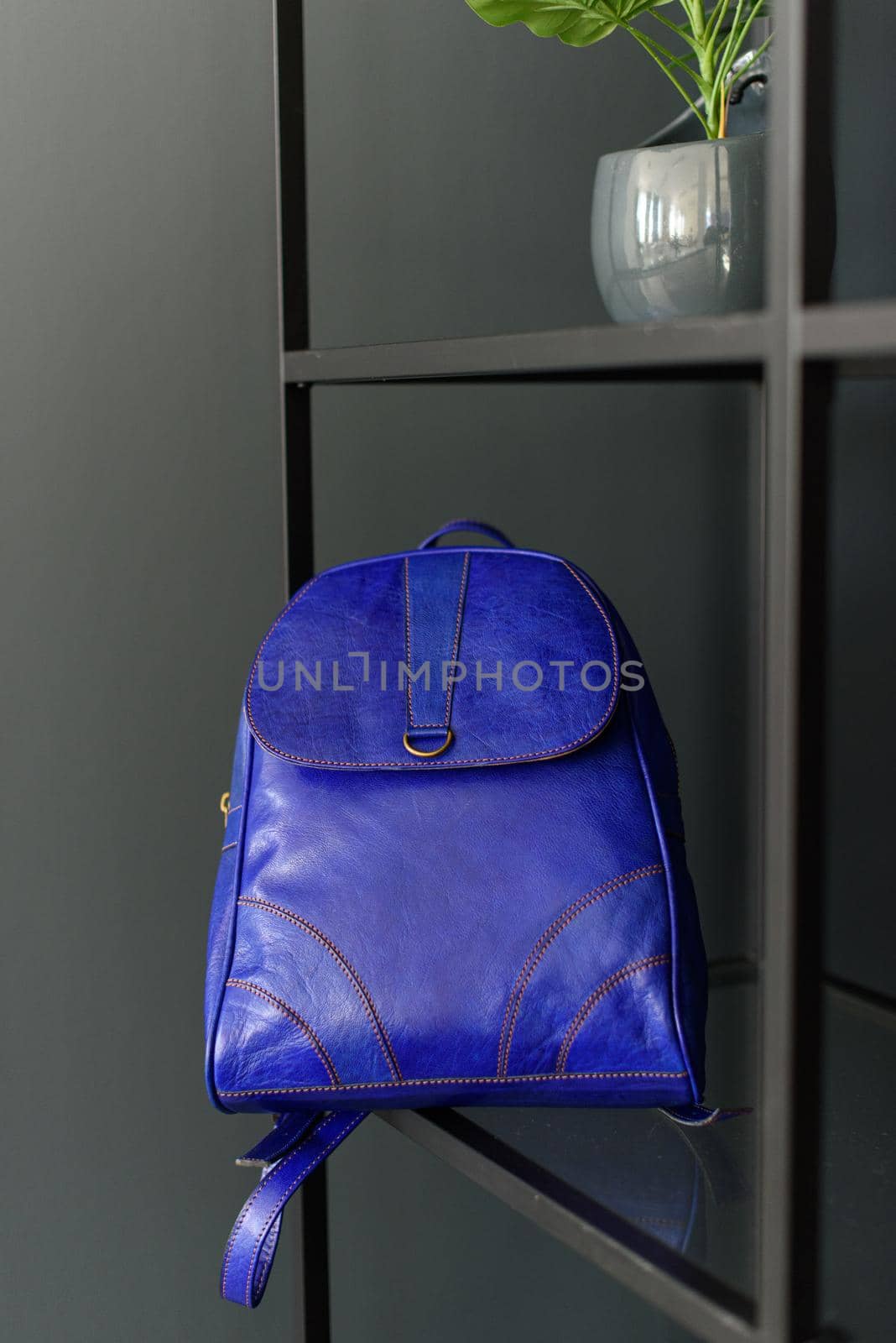 A deep blue leather modern backpack on a shelf. Indoors