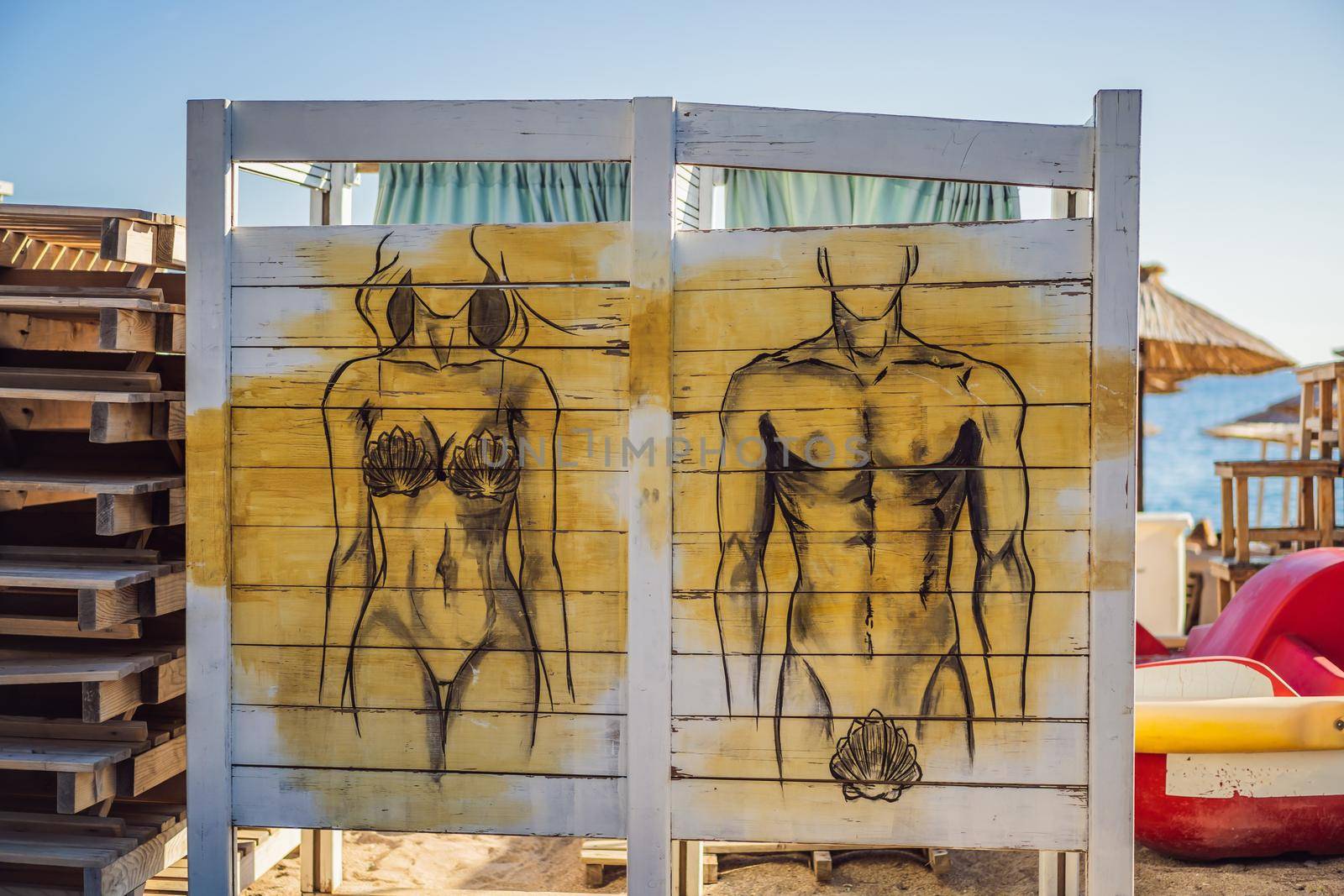 Budva, Montenegro - September 25, 2021: Changing rooms on Budva beach in Montenegro by galitskaya