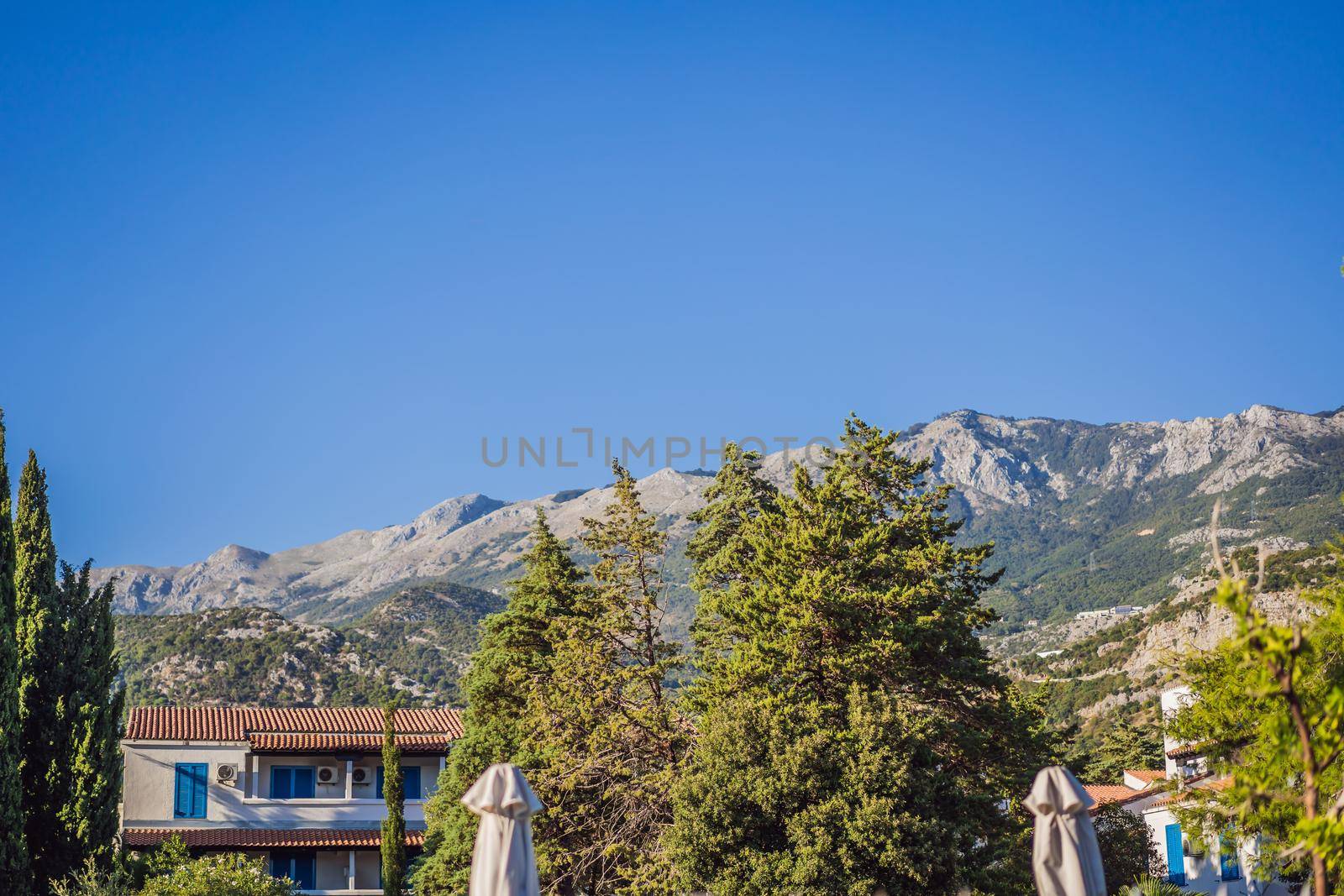 Panoramic landscape of Budva riviera in Montenegro. Balkans, Adriatic sea, Europe.