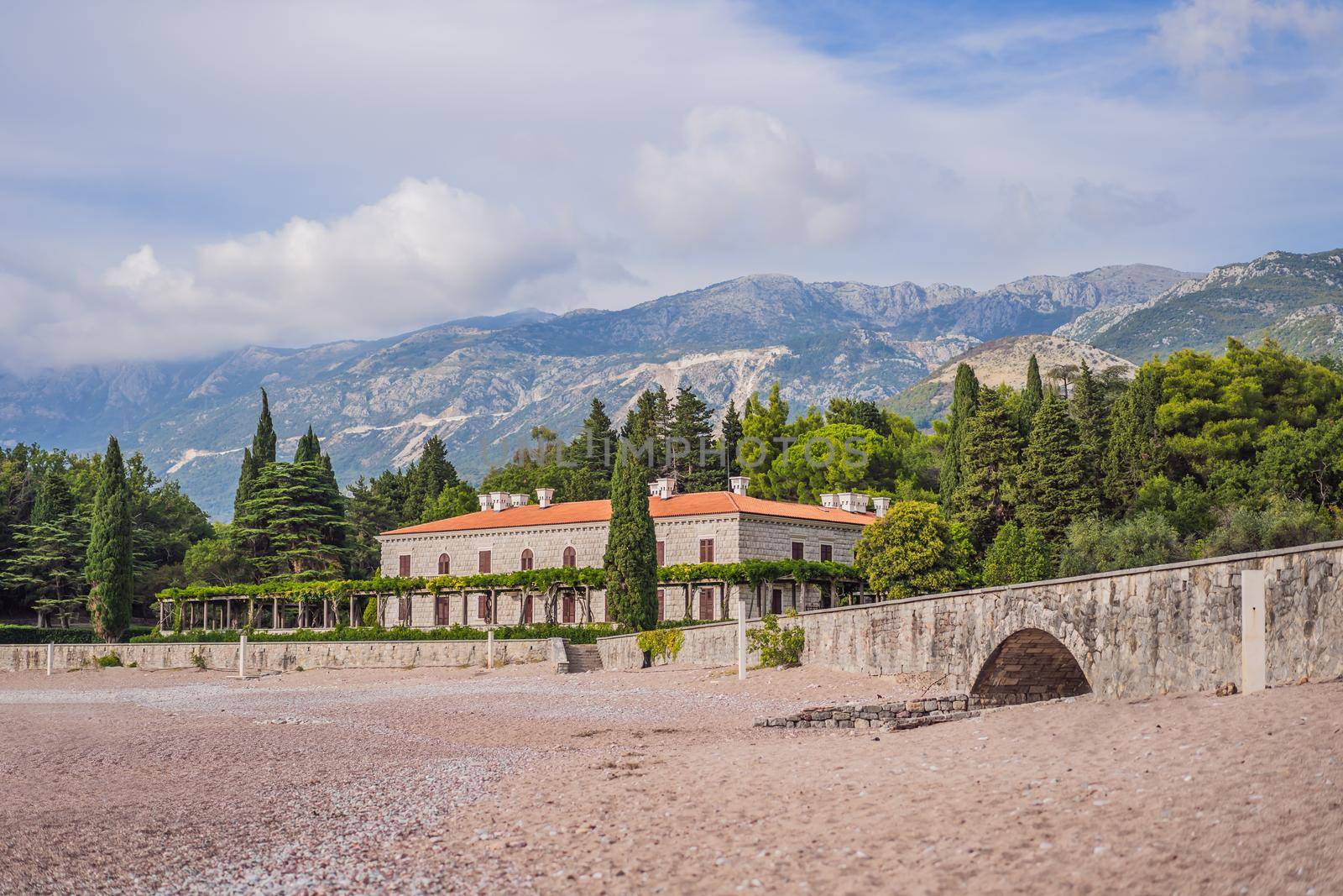 Panoramic summer landscape of the beautiful green Royal park Milocer on the shore of the the Adriatic Sea, Montenegro by galitskaya