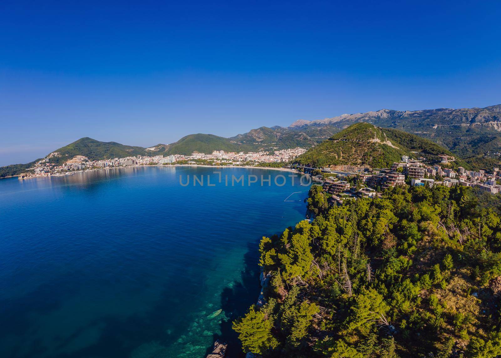 Aerophotography. View from flying drone. Panoramic cityscape of Budva, Montenegro. Top View. Beautiful destinations by galitskaya