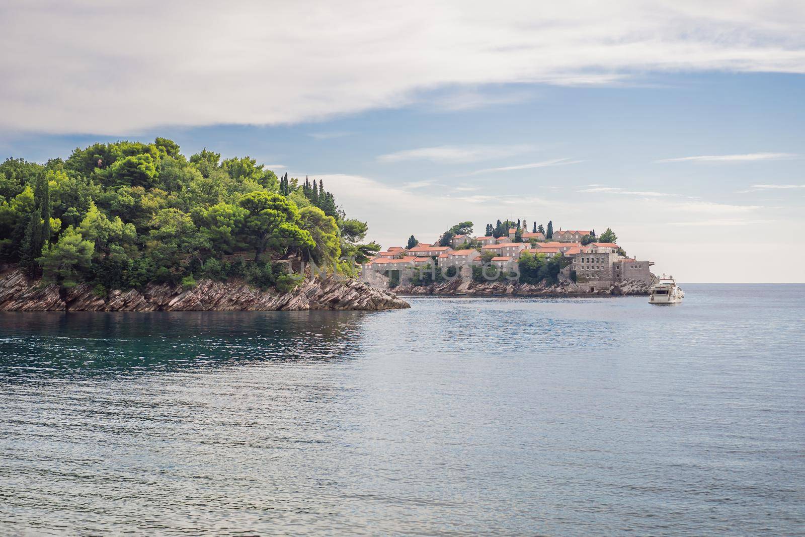 Beautiful view of the island of St. Stephen, Sveti Stefan on the Budva Riviera, Budva, Montenegro.