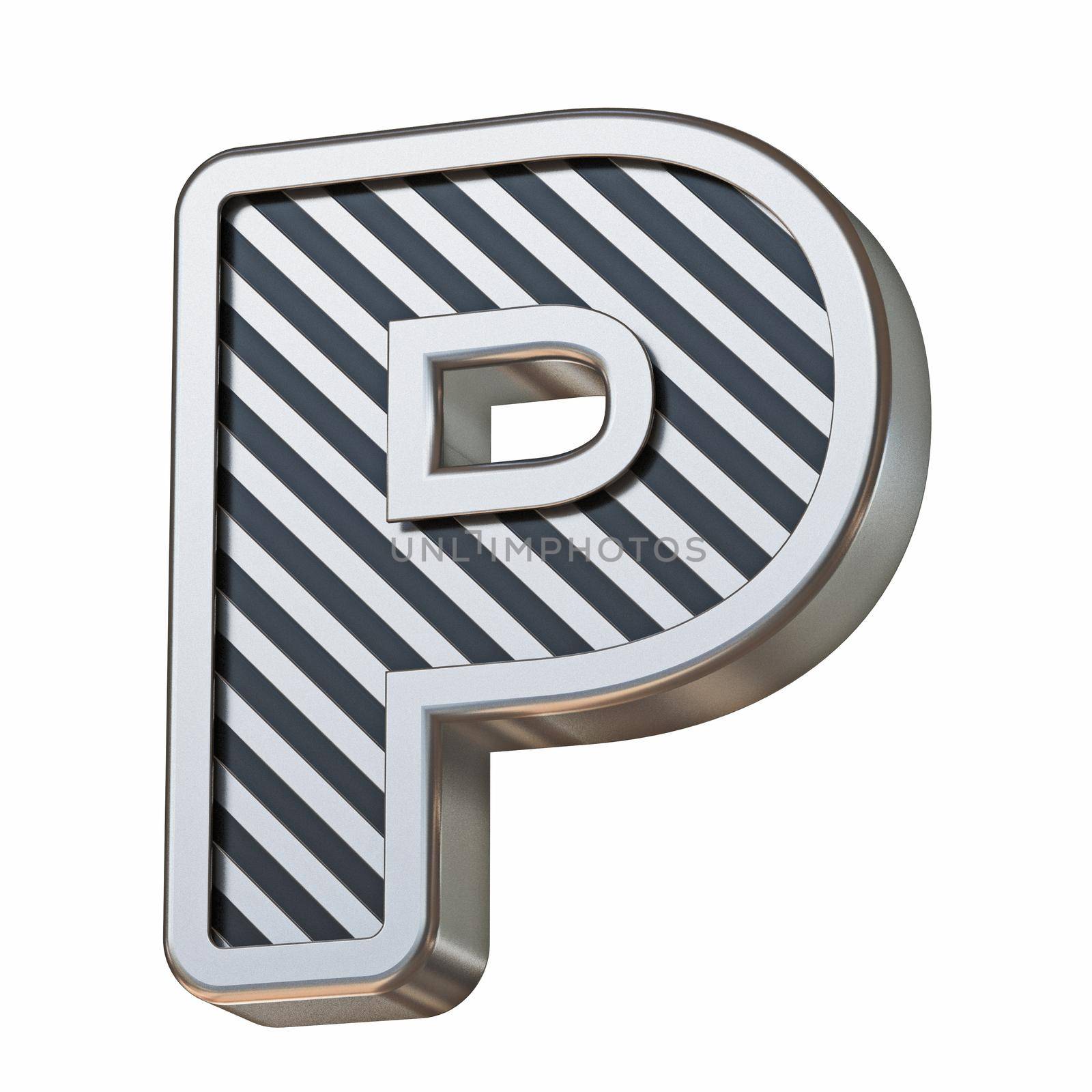 Stainless steel and black stripes font Letter P 3D rendering illustration isolated on white background