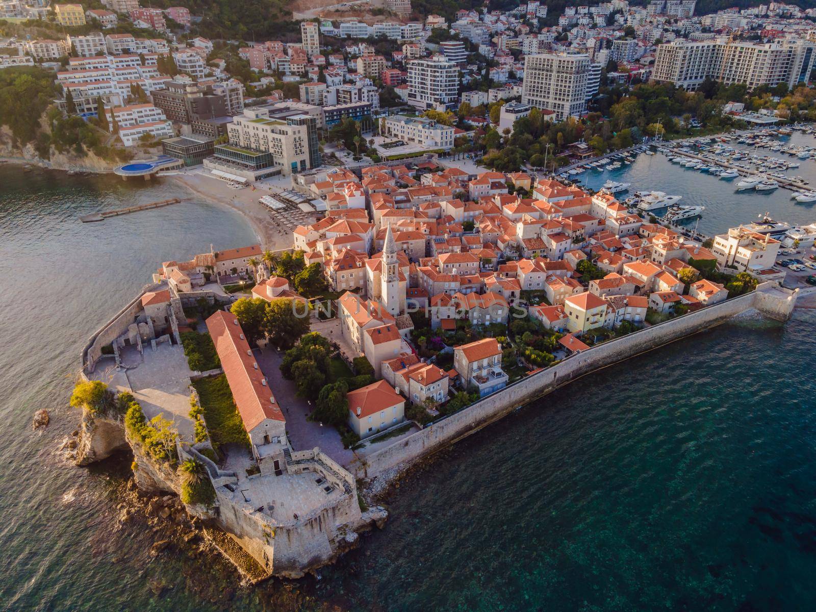 Old town in Budva in a beautiful summer day, Montenegro. Aerial image. Top view by galitskaya