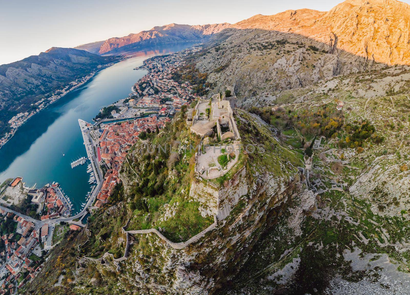 Kotor Old Town Ladder of Kotor Fortress Hiking Trail. Aerial drone view.