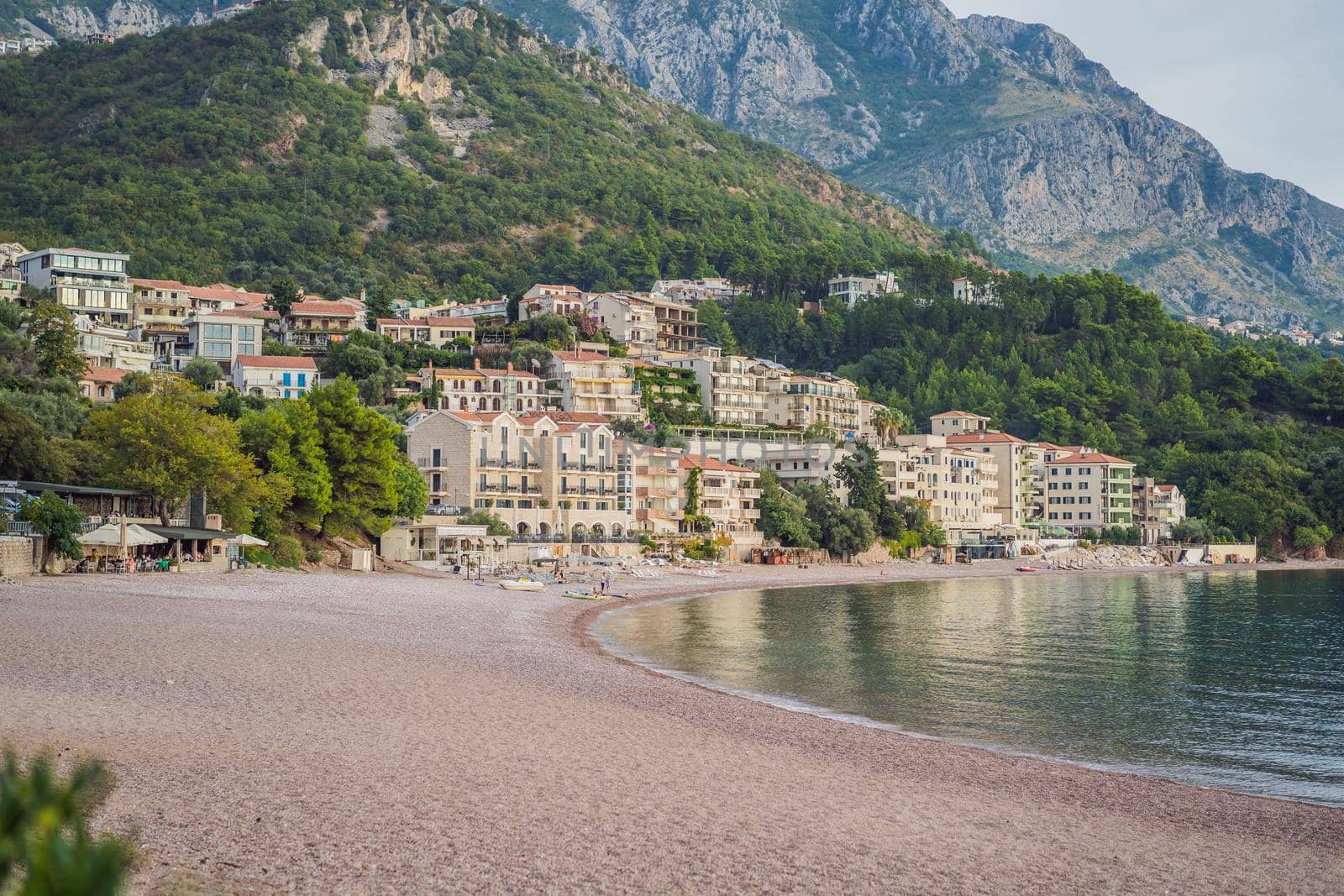 Sveti Stefan beach in sunny summer day, Budva, Montenegro by galitskaya