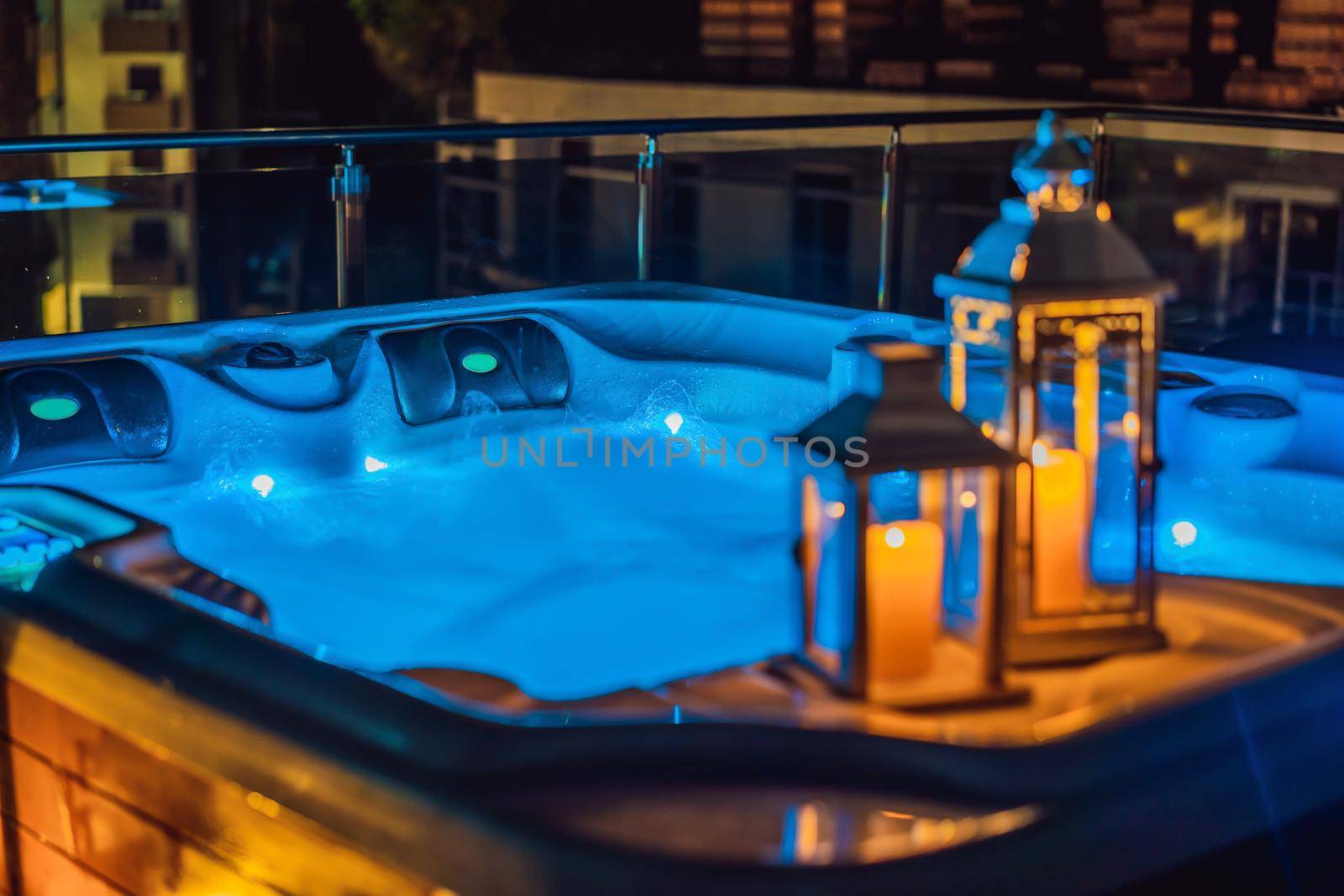 Hot tub with candles ready to take a bath. Valentines day concept by galitskaya