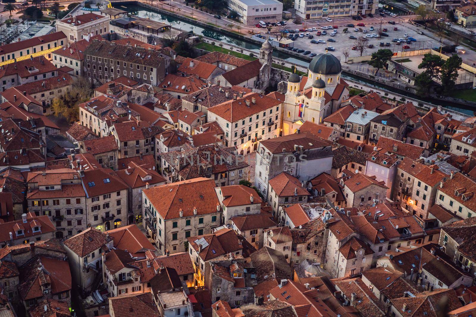 Old city. Kotor. Montenegro. Narrow streets and old houses of Kotor at sunset. View of Kotor from the city wall. View from above by galitskaya