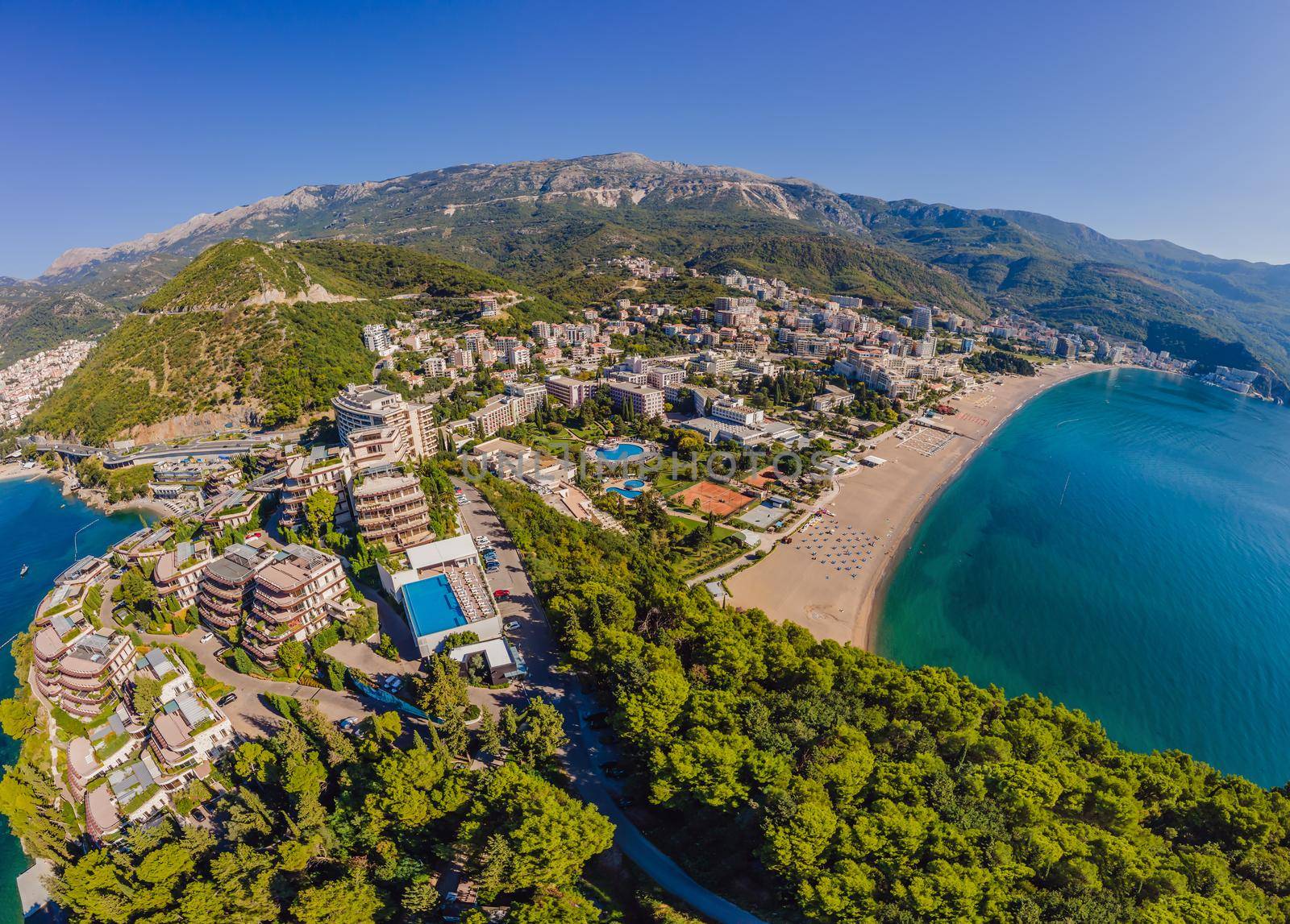 Aerophotography. View from flying drone. Panoramic cityscape of Budva, Montenegro. Top View. Beautiful destinations by galitskaya