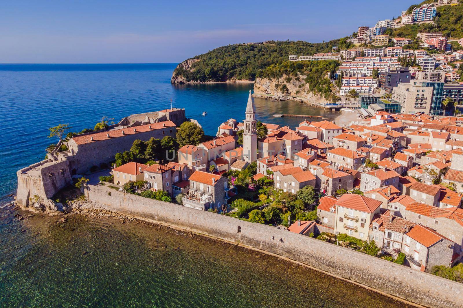 Old town in Budva in a beautiful summer day, Montenegro. Aerial image. Top view.