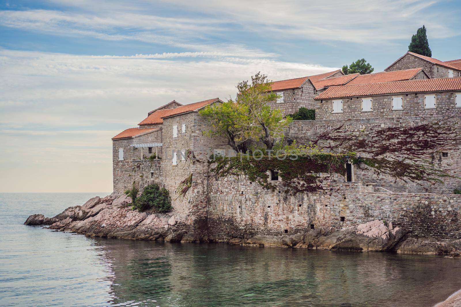 Beautiful view of the island of St. Stephen, Sveti Stefan on the Budva Riviera, Budva, Montenegro by galitskaya