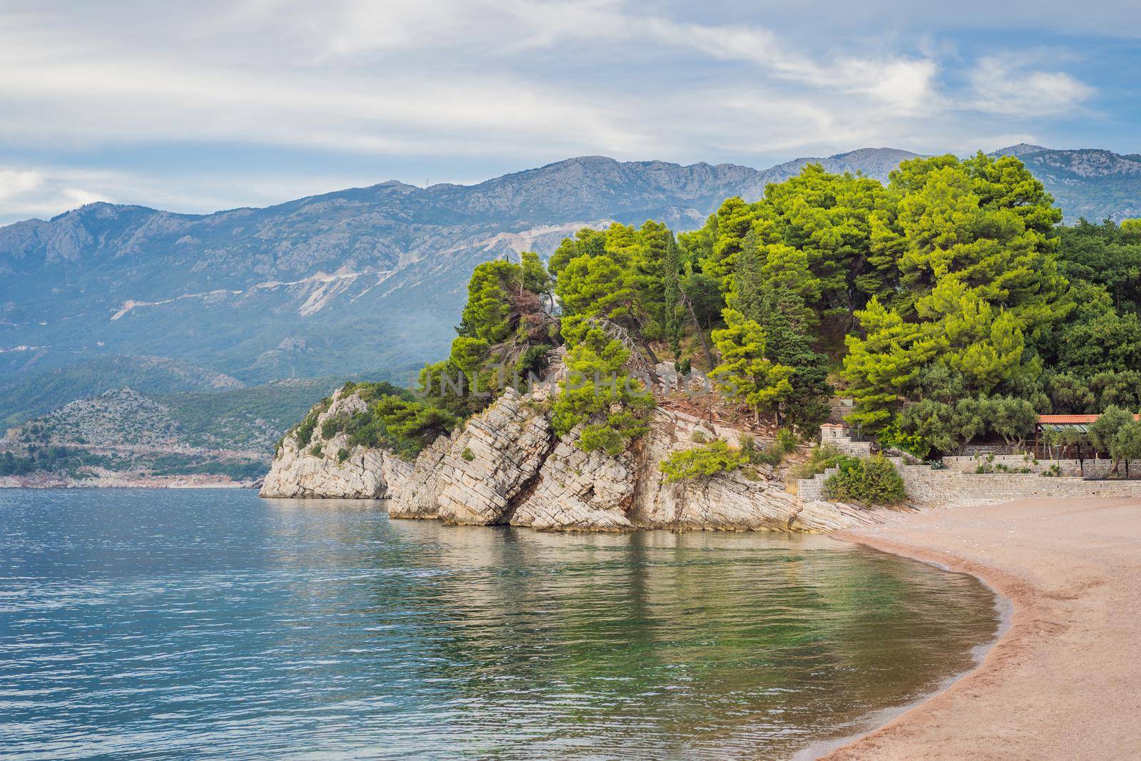 Panoramic summer landscape of the beautiful green Royal park Milocer on the shore of the the Adriatic Sea, Montenegro by galitskaya