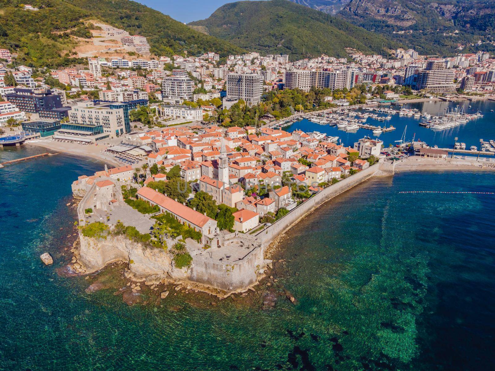 Old town in Budva in a beautiful summer day, Montenegro. Aerial image. Top view.