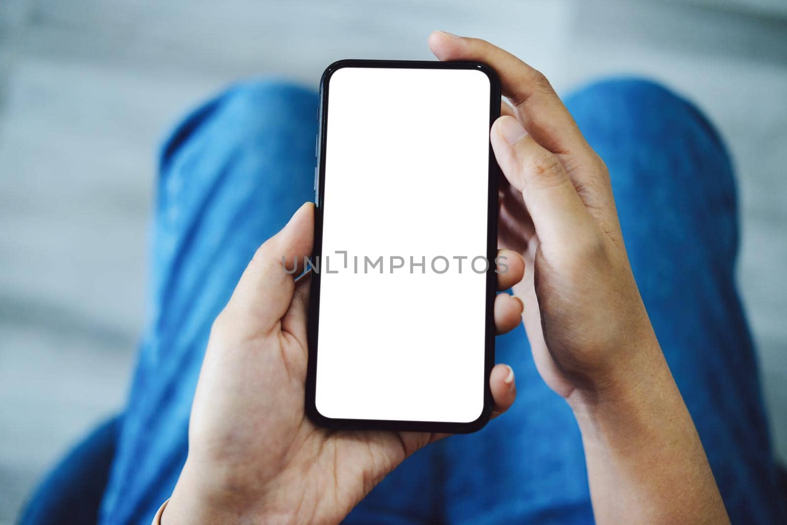 Editing, Advertising Media, Creative Work, Close up woman hand holding white phone on blank screen clipping path. by Manastrong